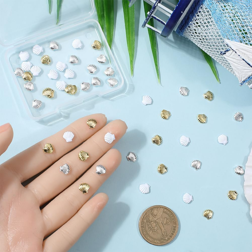 CRASPIRE 48Pcs/Box Sea Shell Nail Charms 3D 3 Colors Summer Ocean Luxury Seashell Gold Silver White Nail Gems Metal Alloy Flat Punk Studs Decor for Women Nail Art DIY Craft Jewelry Decor Accessories image number 3