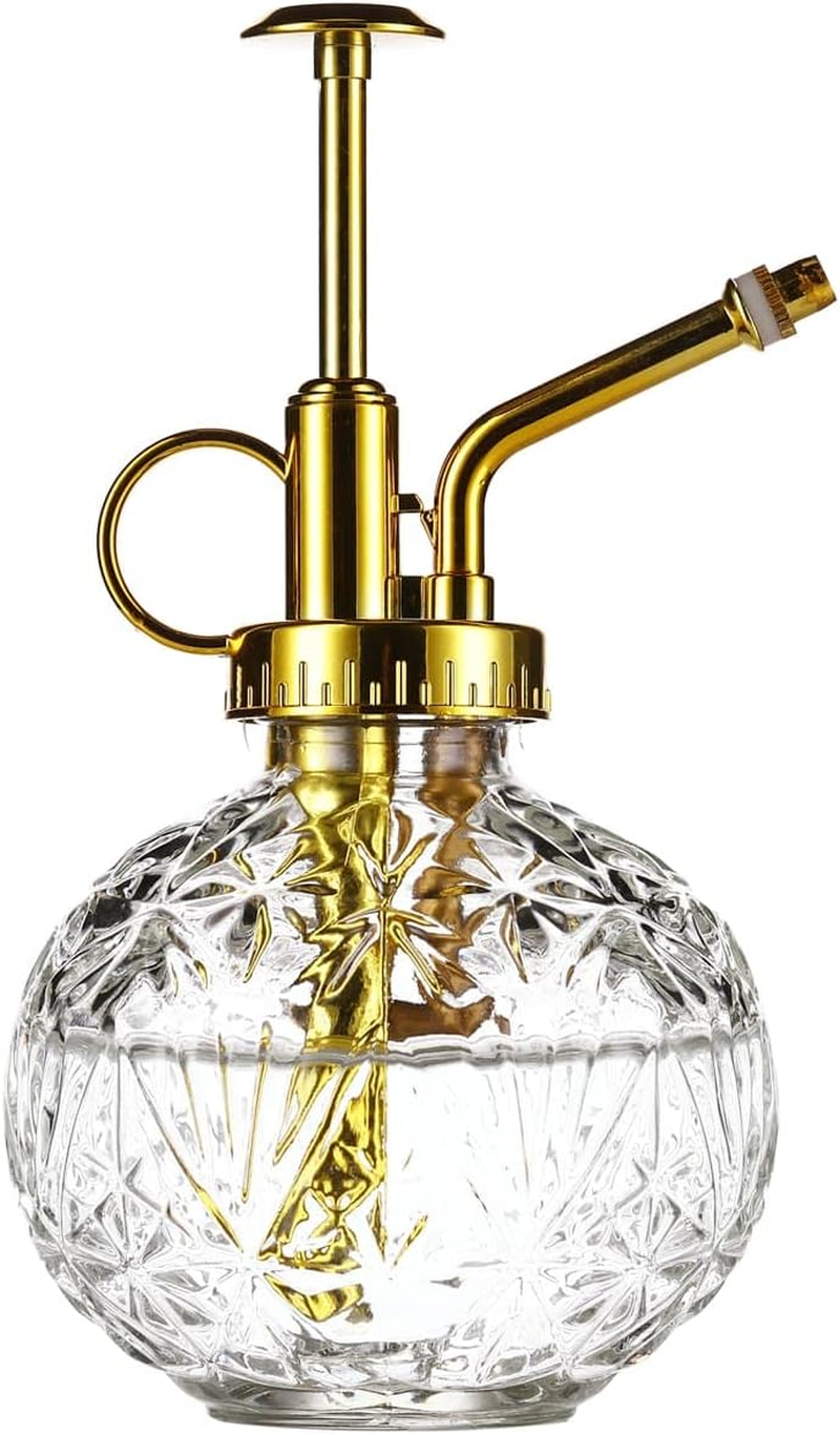 Glass Plant Mister - 7.5" Green Glass Water Spray Bottle with Gold Top Pump, Indoor/Outdoor Small Plant Sprayer (Gray+Bronze)