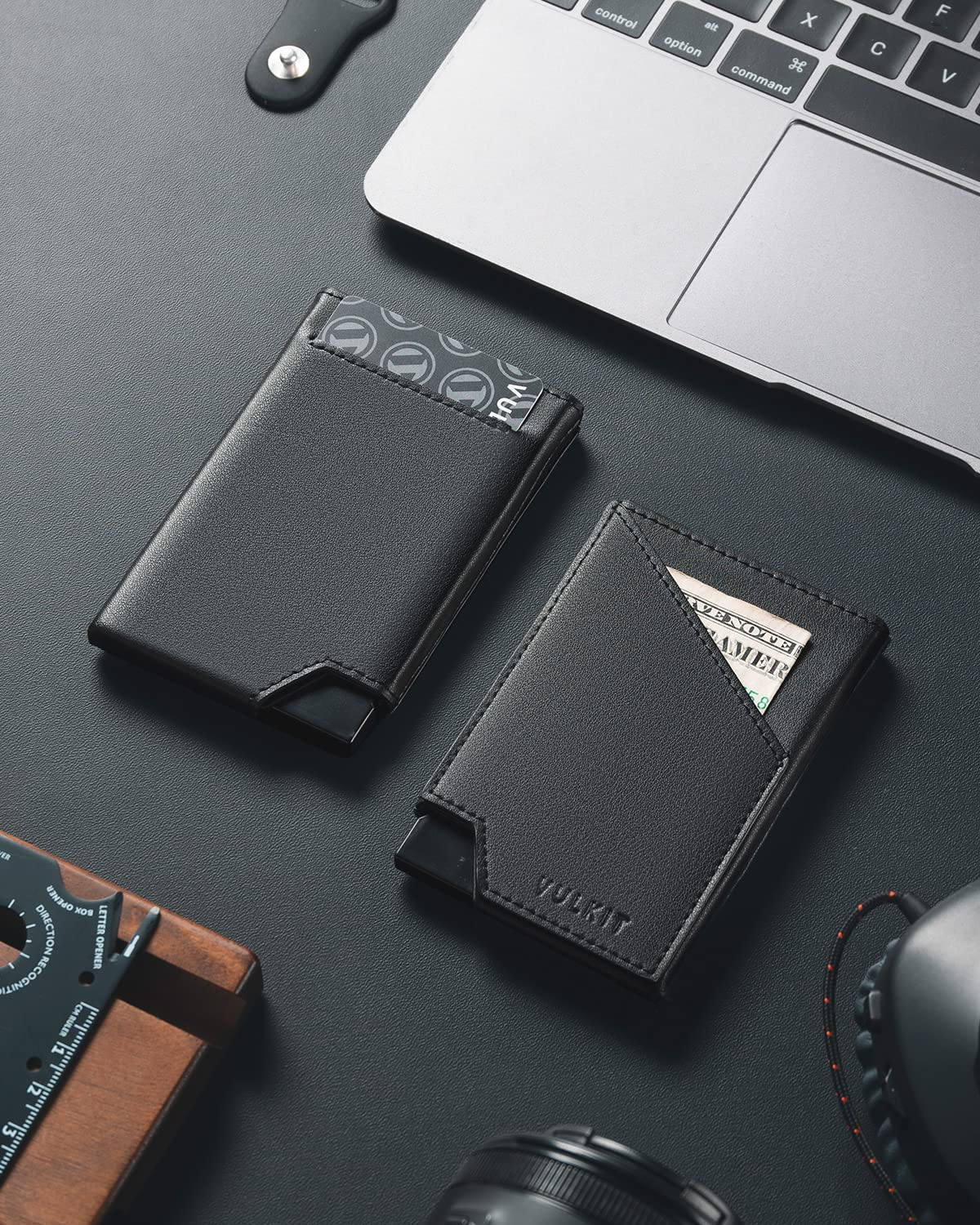 VULKIT Minimalist Slim Wallet for Men Pop up Card Holder RFID Blocking with Money Pocket for Cash & Credit Cards Black image number 3
