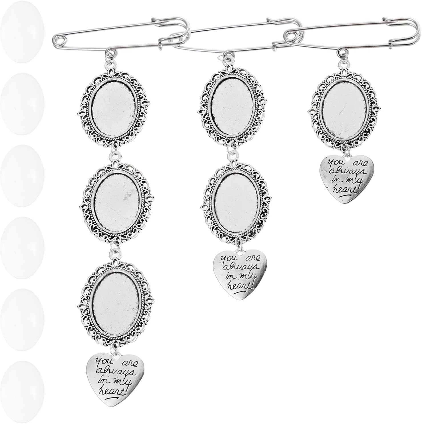 Wedding Bouquet Photo Charms Set: Lacy Oval Frame Bridal Charm DIY Pin Brooch Making Kit Memorial Bride Angel Pendant You Are Always in My Heart Charm for Bridal Shower Bachelor Party image number 2