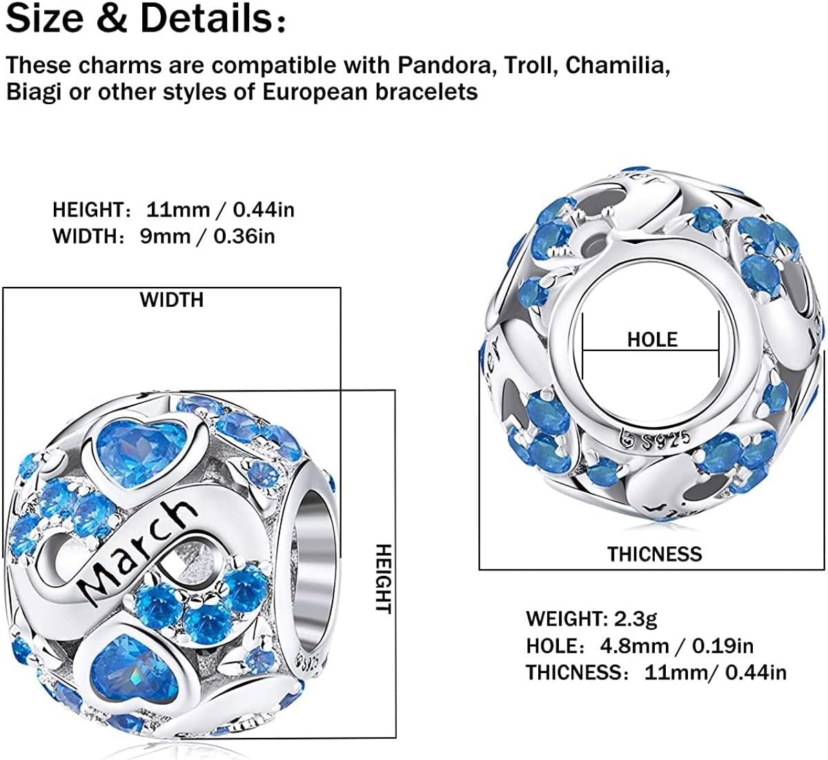 Birthstone Charms Fit for Pandora Bracelet,925 Sterling Silver Love Heart Bead Charms Bead,Birthday Gifts for Women image number 6