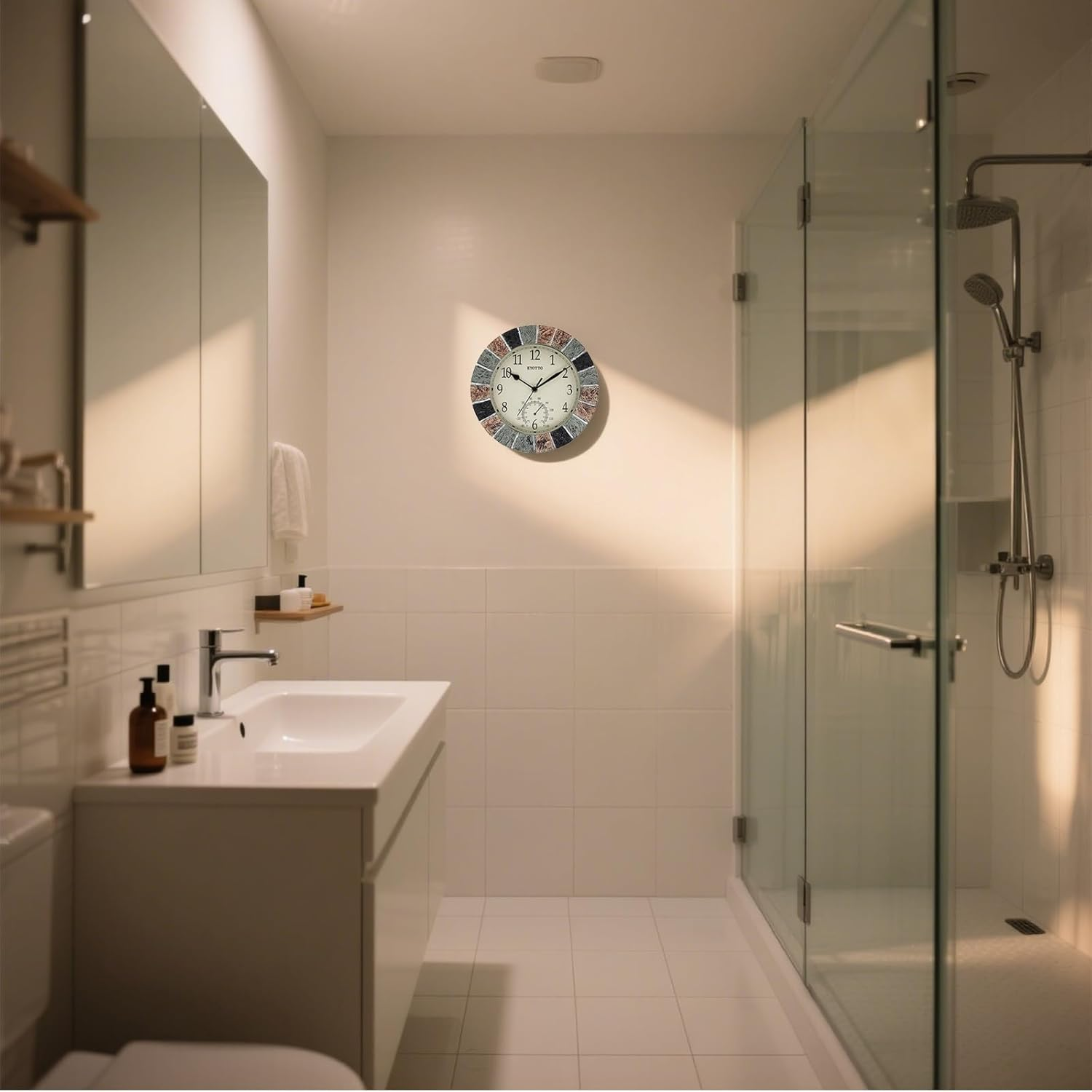 Eyotto 10 Inch Indoor/Outdoor Waterproof Wall Clock with Thermometer Silent Non-Ticking Battery Operated Wall Clocks Weatherproof for Patio, Pool, Garden, Lanai, Fence, Porch, Deck, Bathroom