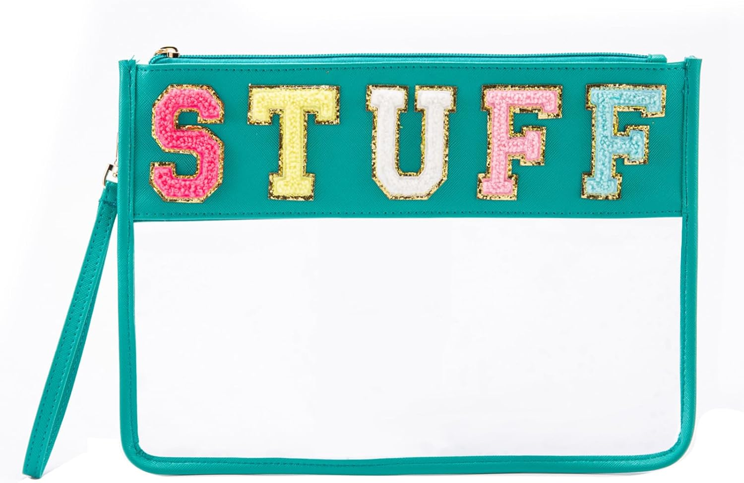 Chenille Letter Clear Zipper Pouch, Pvc&Nylon Clear Cosmetic Bags, Clear Purse, Travel Makeup Bag for Women and Children, Clear Pouches for Travel, Gym, Beach, Green, Glitter Chenille Letters