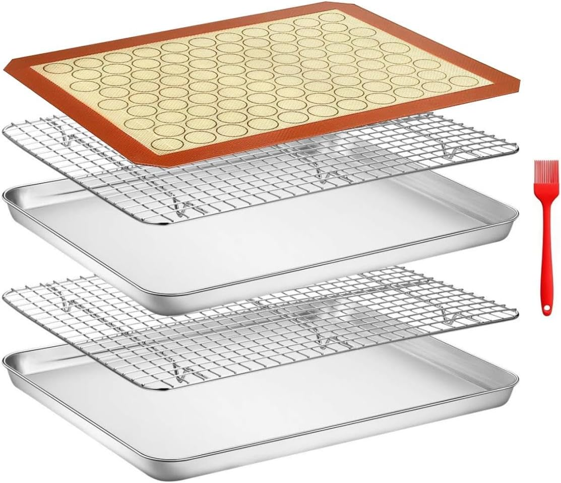 Kitment Baking Trays for Oven, Baking Sheet Cooling Rack with Silicone Mat Set, Stainless Steel Cookie Pan with Oil Brush, Non-Toxic Rectangle Toaster Oven Tray (2 Sheets + 2 Racks + 1 Mat + 1 Brush)
