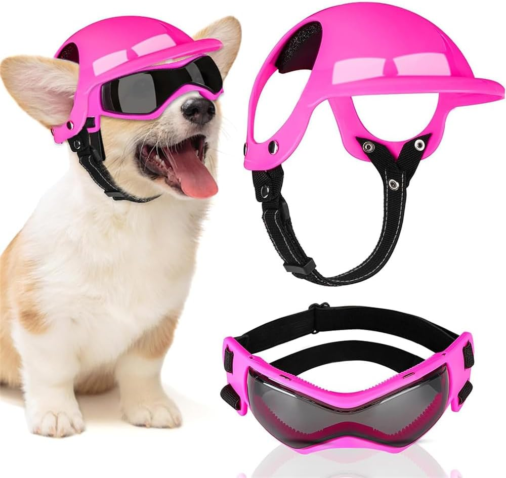 Dog Helmet and Goggles, Cat and Dog Sunglasses with UV Protection, Pet Motorcycle Helmet, Adjustable Helmet with Ear Holes, Dog Hard Hat Set for Small Medium Large Dogs (Pink, S) image number 5