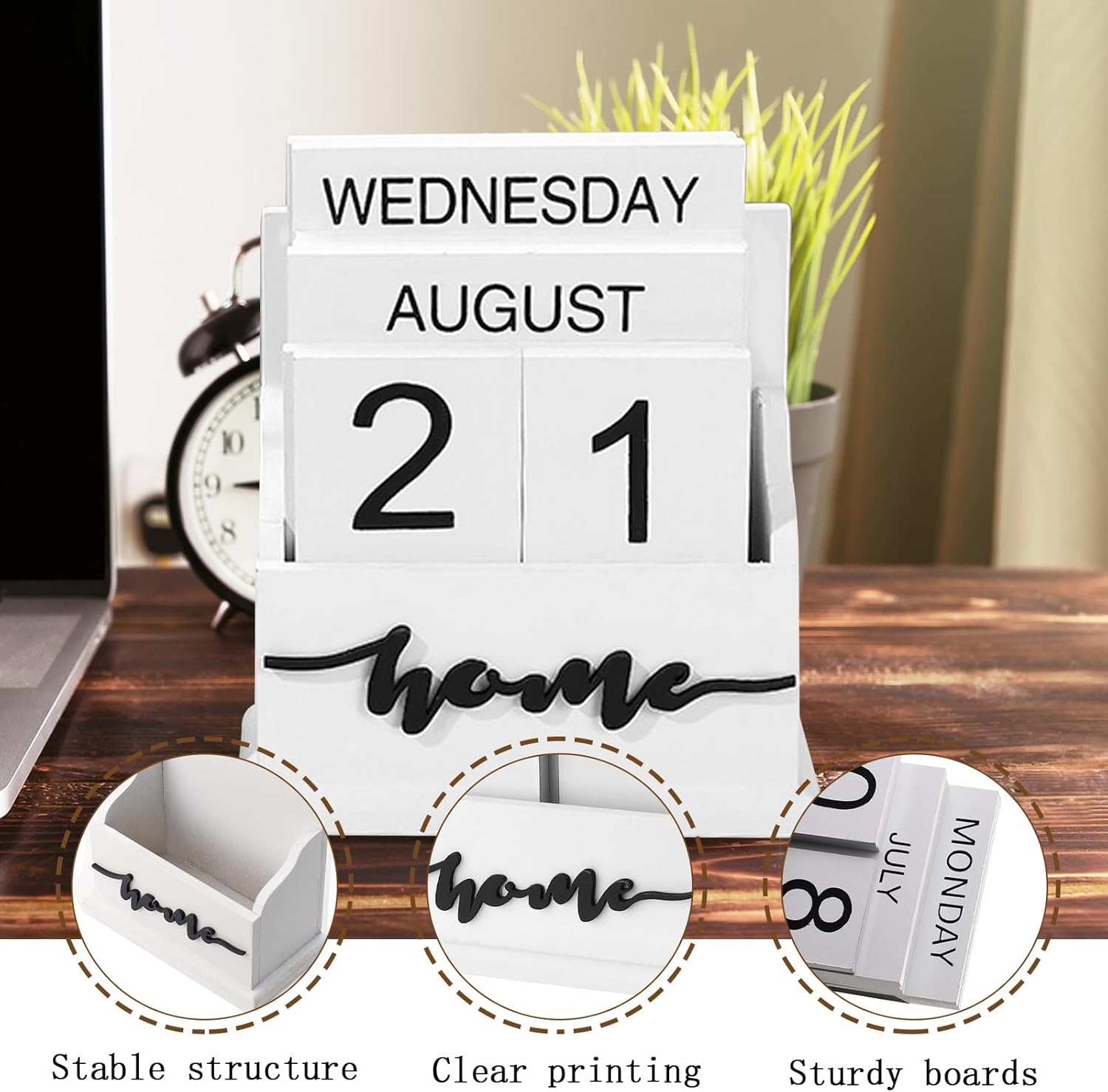 Wooden Block Perpetual Calendar for Desk, Wood Desktop Month Week Date Display Calendar, Rustic Farmhouse Boho Home Office Decor Aesthetic Desk Accessories (White) image number 6