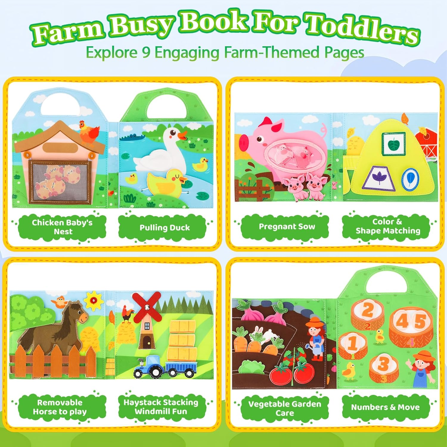 ZCOINS Farm Animal Busy Book Toys for Toddlers Travel Airplane, Montessori Quiet Busy Board Activity Book Toys for Toddler Baby Birthday Gifts, Educational Sensory Learning Felt Busy Board for Travel image number 4