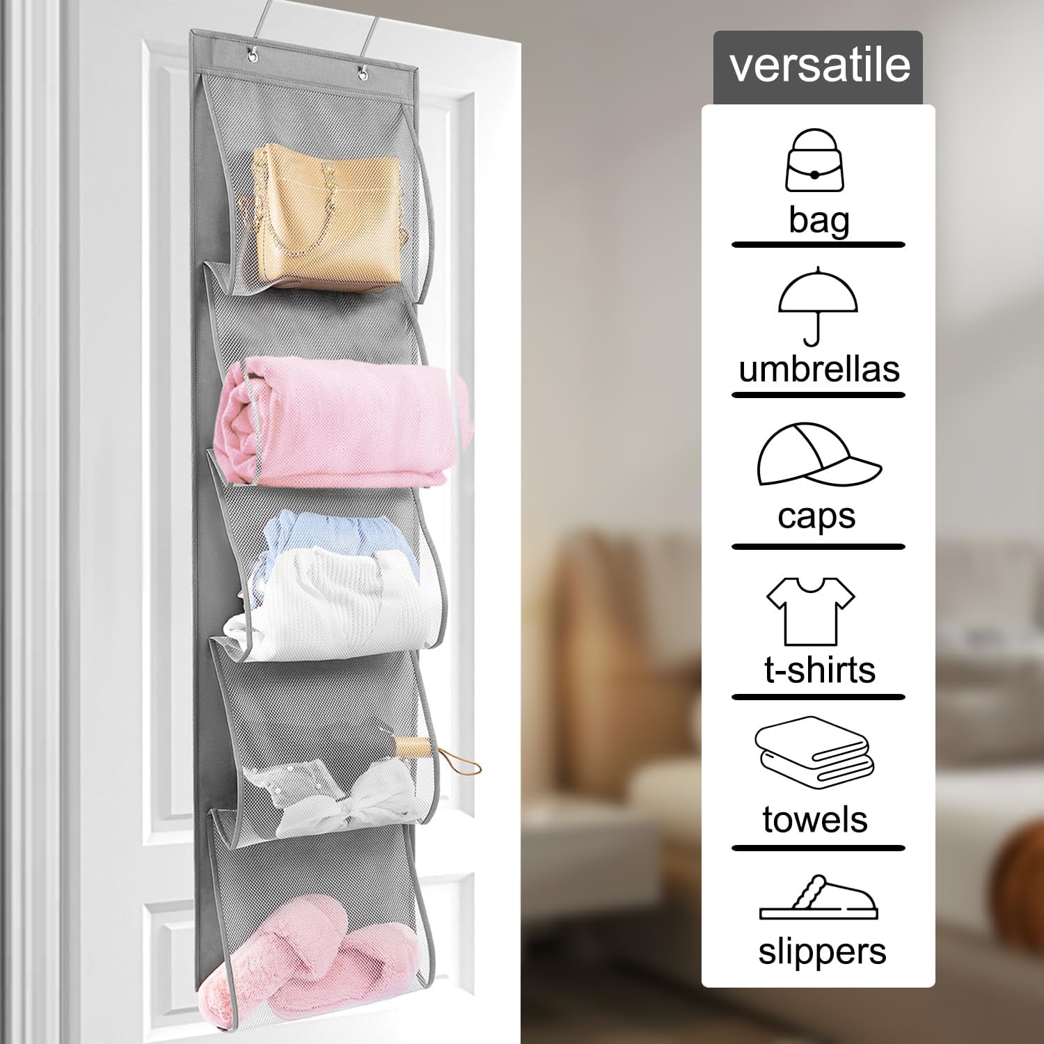 TEMUORG 2 Pcs Hanging Handbags Organizer Closet Scarf Clothes Towels Holder Purse Bag Storage with Easy Access Deep Pockets (One Side) image number 6