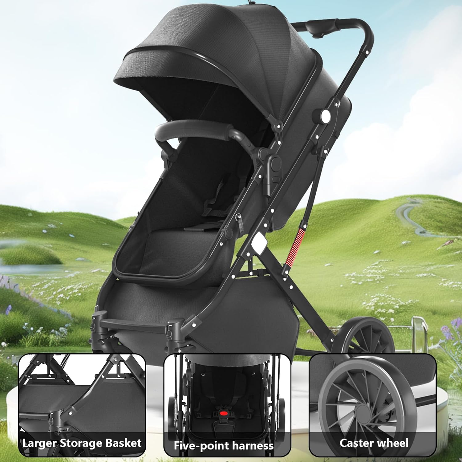 Lightweight Baby Stroller, Compact Toddler Travel Baby Pram for Airplane, Easy One-Hand Fold Newborn Pram, Adjustable Backrest & Canopy, Storage Basket, Self-Standing Gravity Fold image number 5