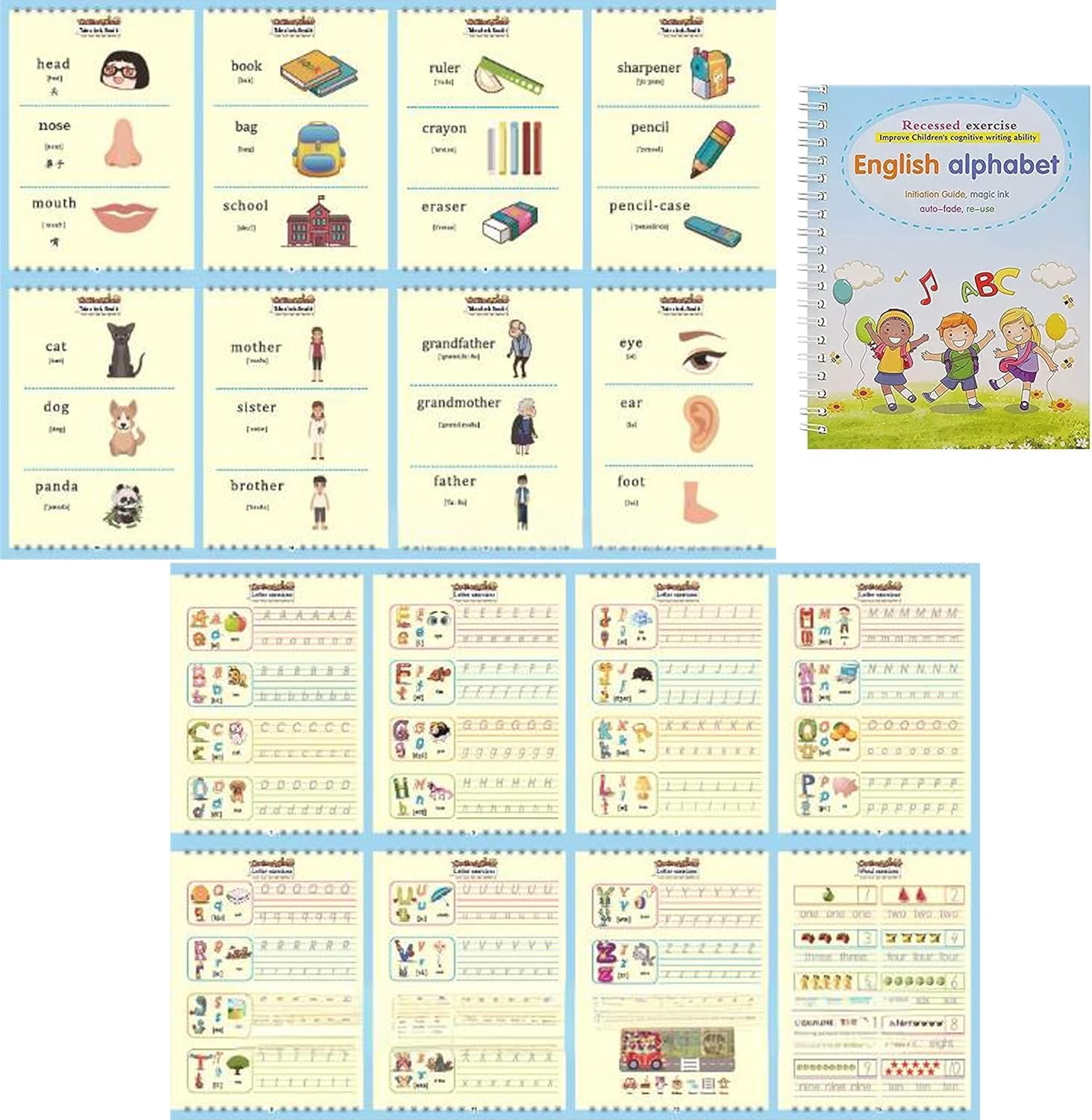 4PCS Magic Grooved Practice Copybook, Magical Handwriting Workbooks, Reusable Grooved Letter Tracing Preschool Writing Books with Pen Aid Pen Grip Pen Refills image number 1