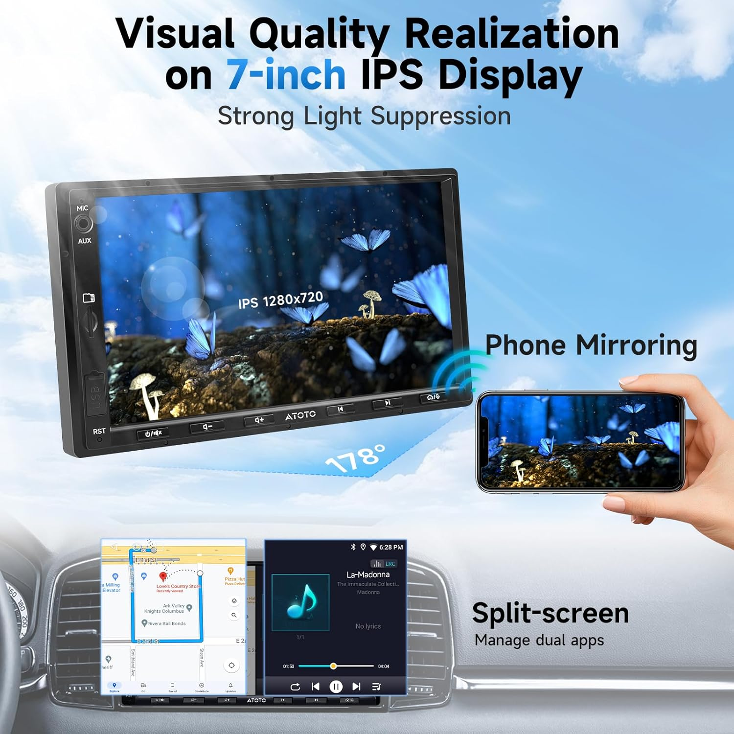 ATOTOZONE A5L Android Double DIN Car Stereo, Wireless Carplay Android Auto Head Unit, 7Inch Touchscreen Digital Media Receivers, Wifi/Bluetooth/Usb Tethering, 24Band EQ DSP, Mirrorlink, 2G+32G, FM/AM image number 6