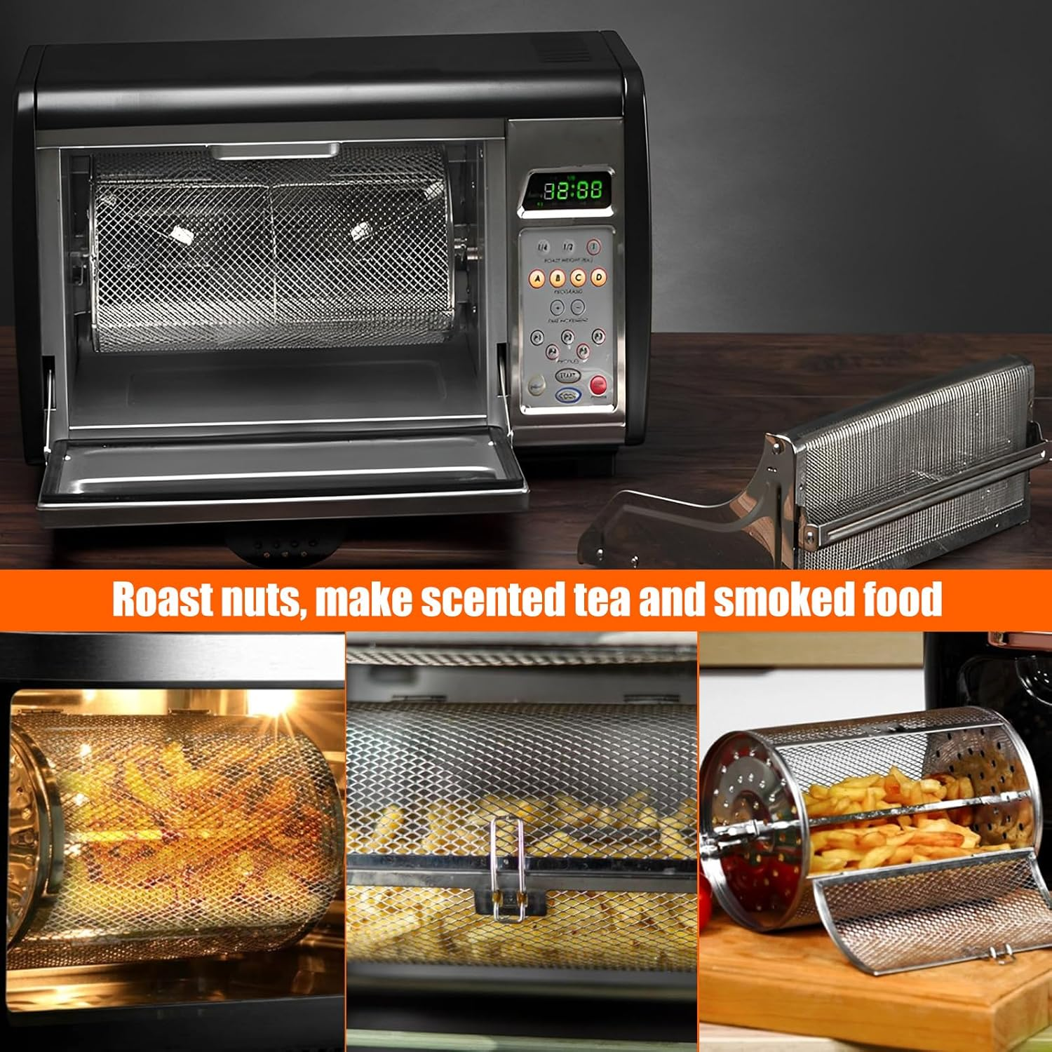 Stainless Steel Rotating Grill Basket, 360 Degree Rotation BBQ Grill Cage for Vegetable Fries Fish Shrimp, Dishwasher Safe Rolling Grilling Basket for Outdoor BBQ (Style3)