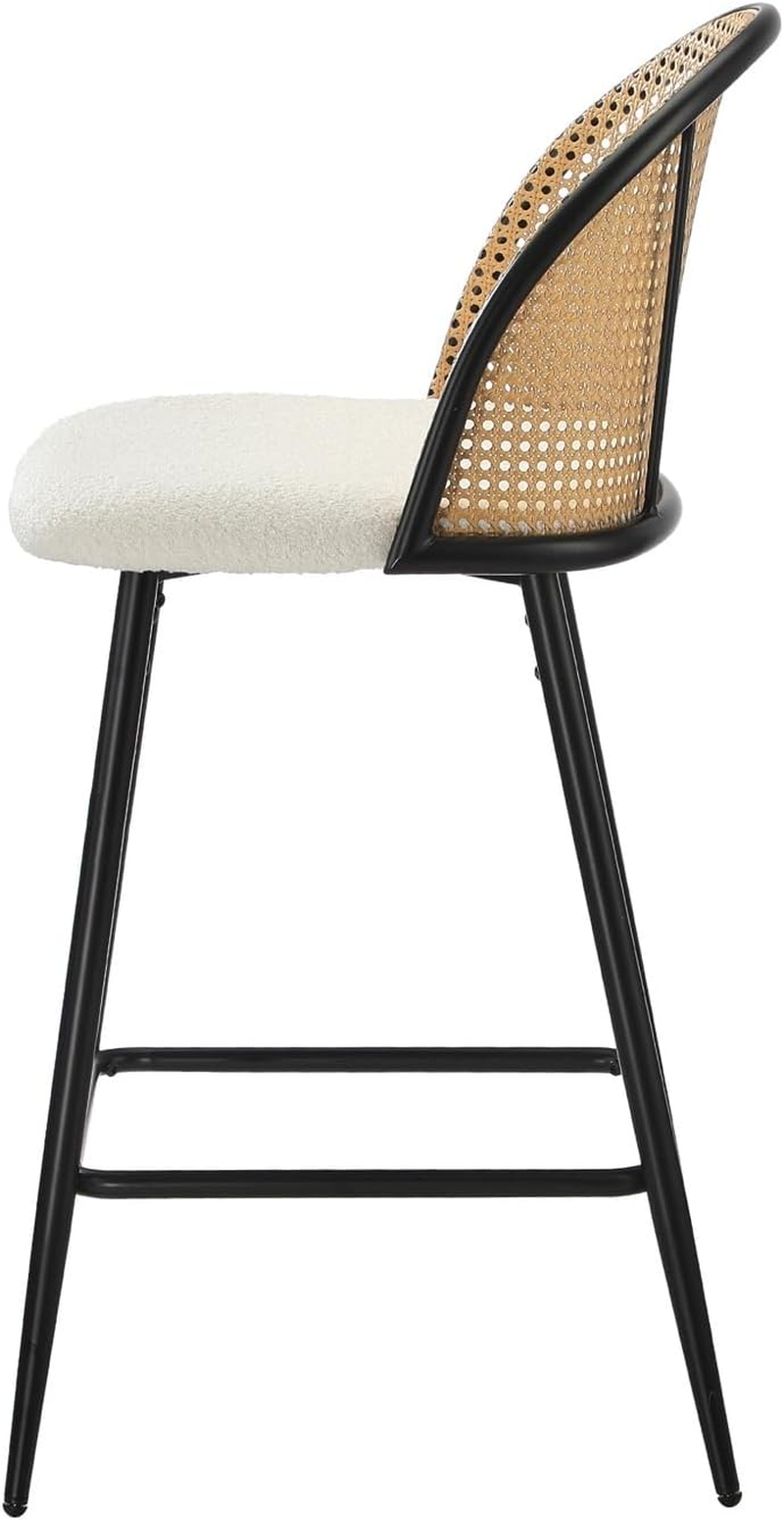 Oikiture Bar Stools Set of 2 Boucle Fabric Bar Stools with PU Rattan Backrest Counter Kitchen Chairs Dining Chair, White image number 2