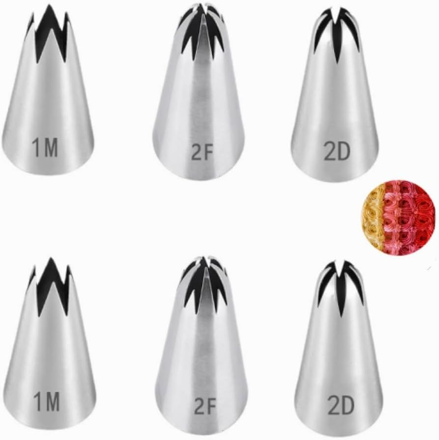Piping Nozzle Tip, 6 Pcs Large Icing Piping Tips, 1M 2D 2F Cake Cupcake Decorating Tips Set, Seamless Swirl Piping Tips Cake Piping Nozzles Tips Kit, Star Drop Flower Rose Petal Frosting Tip image number 1