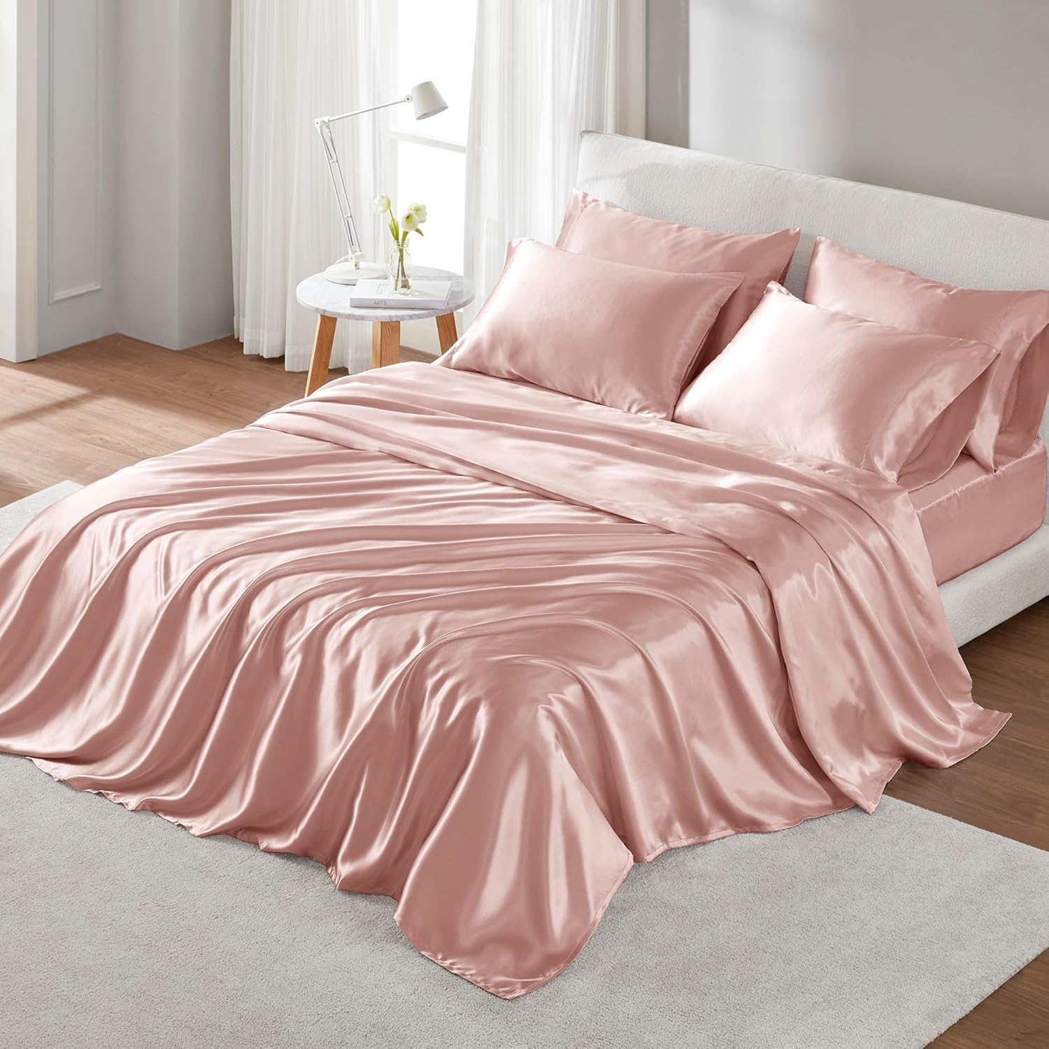 Madison Park Essentials Satin Sheet Set Wrinle-Free Luxurious and Silky with Natural Sheen, Premium 16" Deep Pocket, All around Elastic - Year-Round Bedding, Queen, Blush, 6 Piece