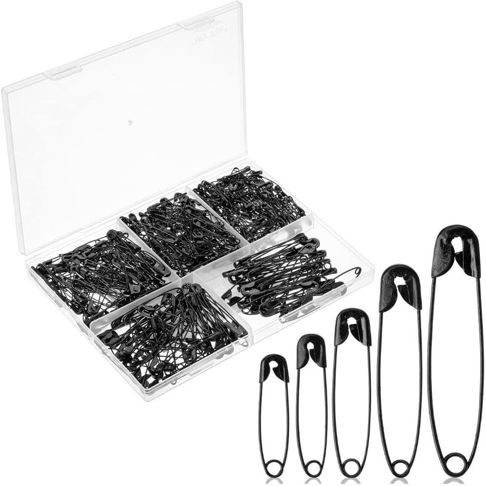HIGHROCK Safety Pins Assorted, 300 Pcs Safety Pins for Clothes Costume, 5 Sizes Heavy Duty Safety Pin Forsewing Crafts Art Supplies (Black)