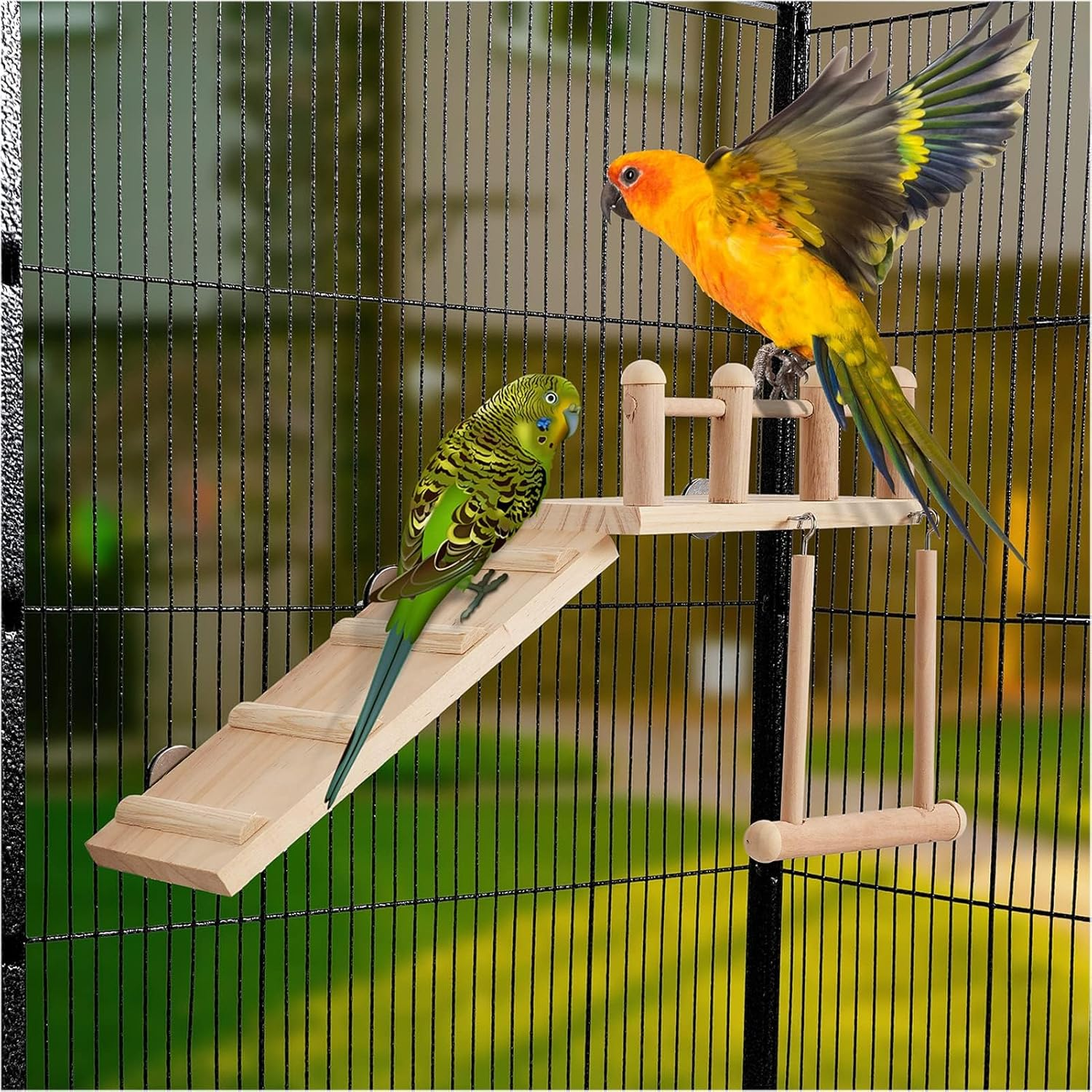 Bird Perches Platform Swing with Climbing Ladder, Parakeet Cage Accessories Wooden Playing Gyms Exercise Sturdy for Small Birds image number 5