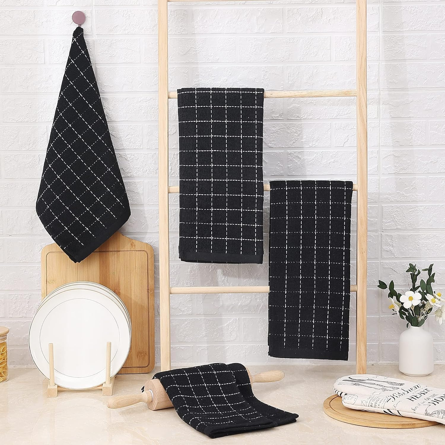 100% Cotton Terry Kitchen Towels(Black, 11.8 X 11.8 Inches), Checkered Designed, Soft and Super Absorbent Dish Towels, 4 Pack image number 3