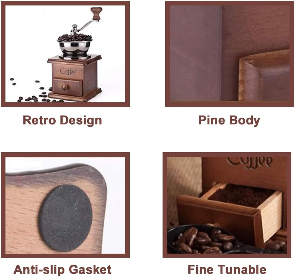 Manual Coffee Grinder &ndash; Vintage Wooden Hand Coffee Mill with Ceramic Burr, Adjustable Grinding Settings, Classic Hand Crank Coffee Bean Grinder for Home, Travel, and Decoration image number 6