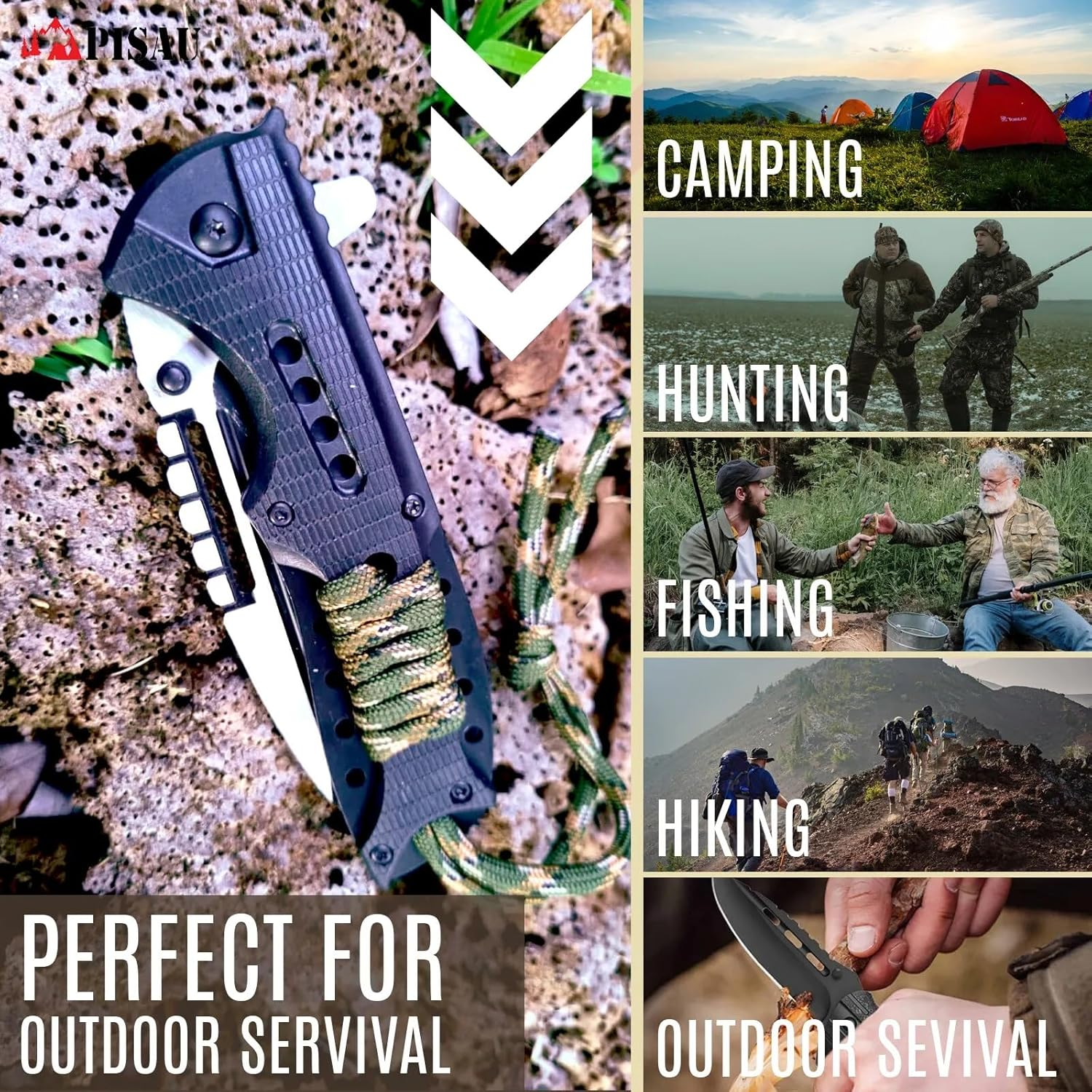 PISAU Stainless Steel Camping Folding Knife with Sheath and Paracord (Black) image number 4