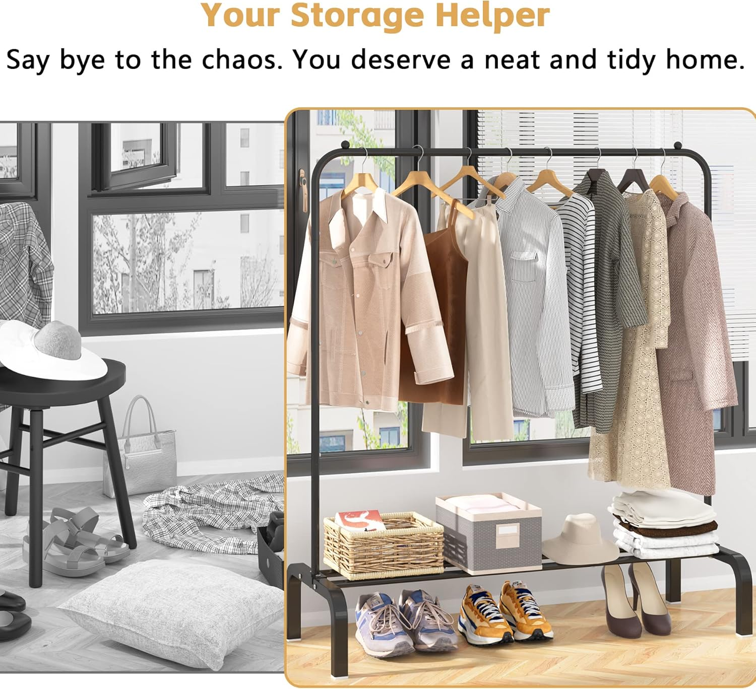 Clothes Rack Metal Clothing Rack with Bottom Shelf Garment Rack for Hanging Clothes Shirts Jeans and Coats Black image number 3