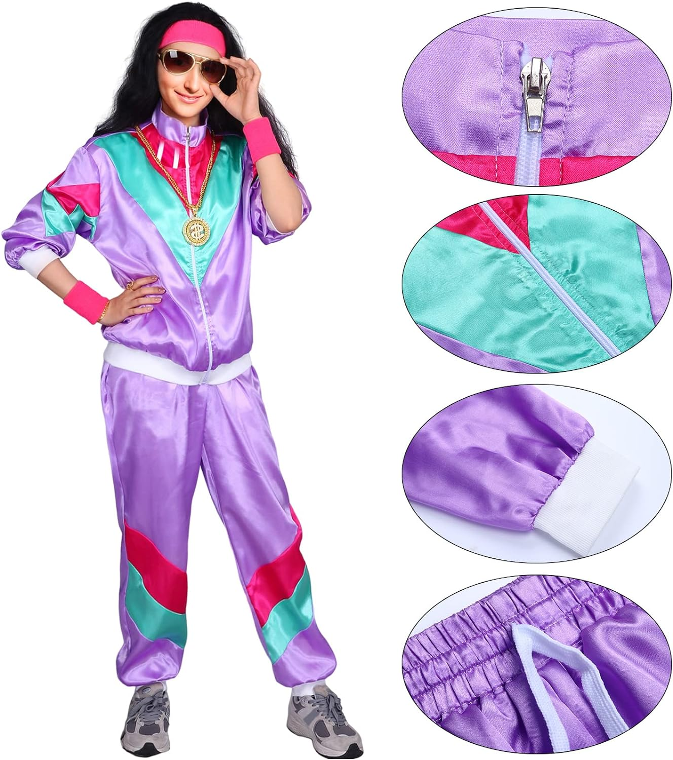 Shell Suit Costume Set 80S Fancy Dress Men Women Tracksuit with Glasses Headband Wristbands for Carnival Parties Halloween image number 5