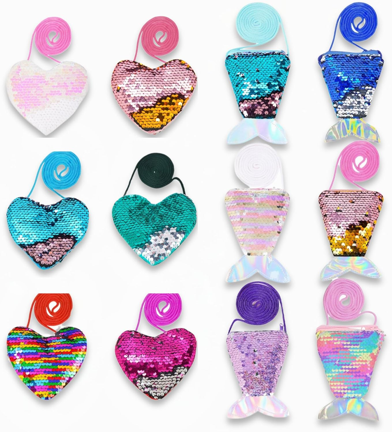 Glowberry 12 Pack Mini Mermaid & Heart Purse for Girls, Zipper Mini Pouch, Party Favours for Kids, Lolly Bag Fillers, Small Bulk Wallets for Birthday Goodie Bags, Classroom Rewards, School Gifts