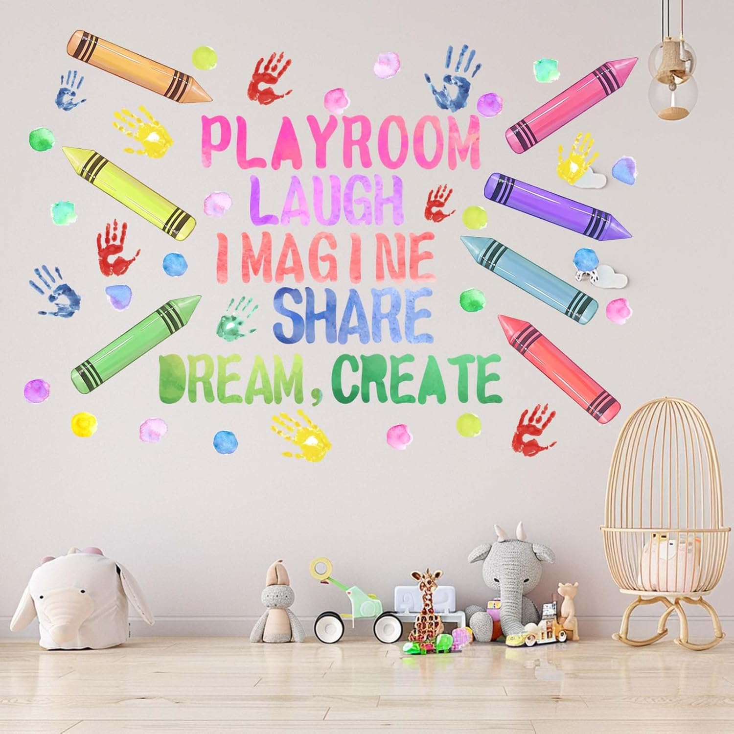 Playroom Wall Stickers - Crayon Handprint Polka Dots Inspirational Quotes Wall Decals - Girls Baby Nursery Kids Room Classroom Laugh Imagine Share Dream Create Wall Decor