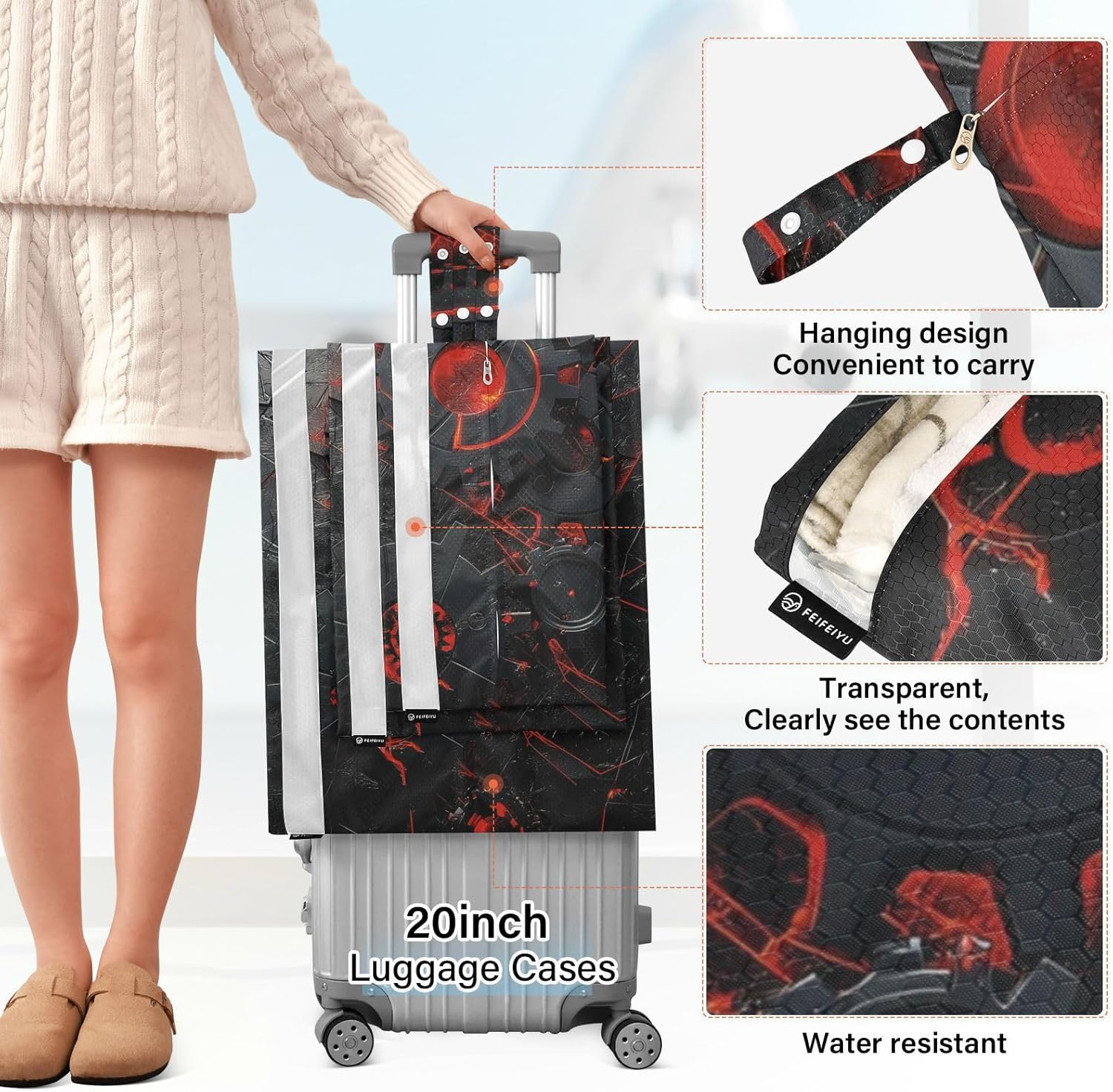 Designer Red and Black Mechanical Gear 3 Set Travel Packing Cubes for Suitcases Collapsible Travel Bags for Luggage Bags for Suitcase Bedding Storage image number 6