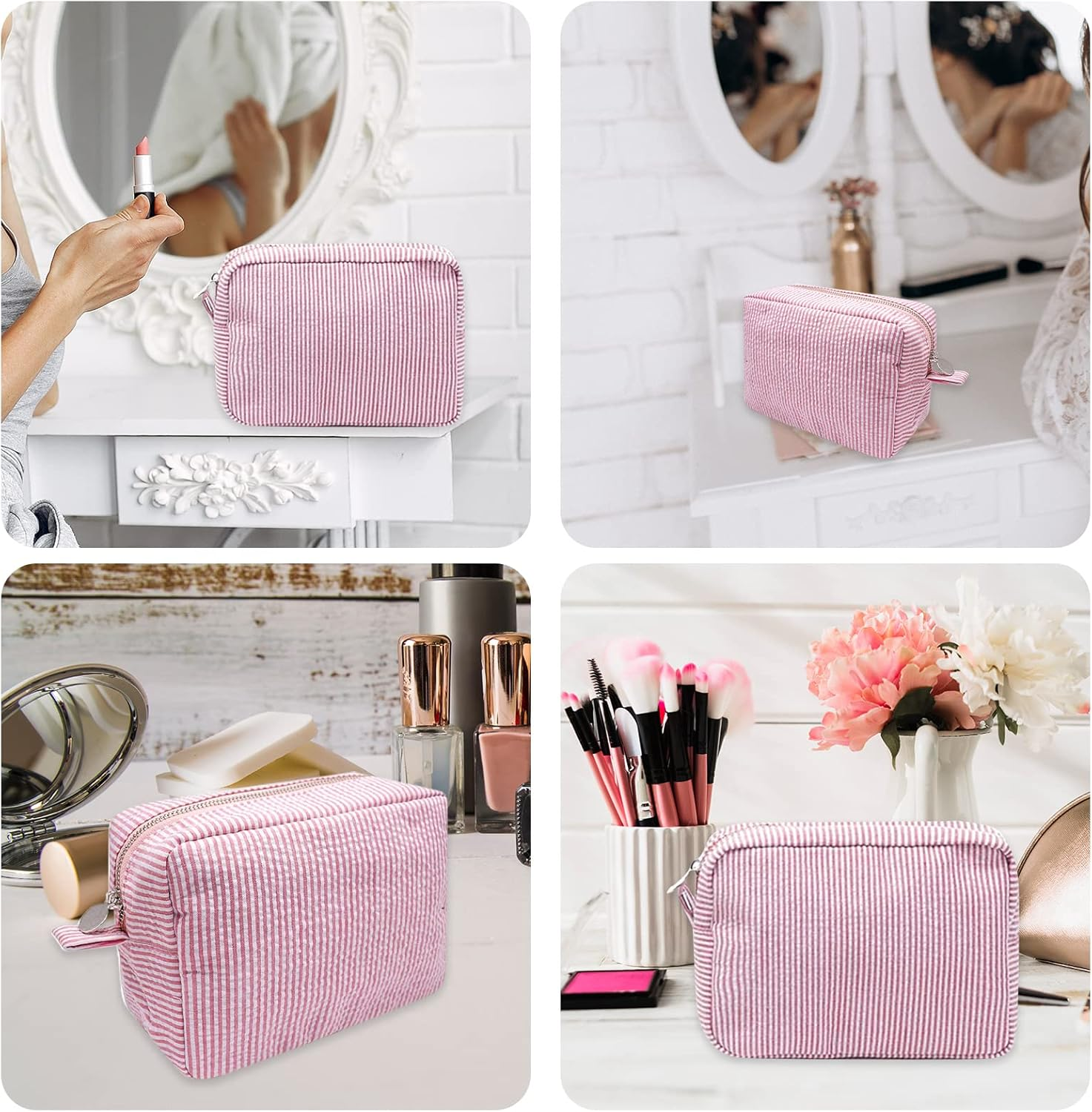 GFU Cosmetic Bag for Women, Large Makeup Bag, Travel Toiletry Stripe Cosmetic Bag, Seersucker Women Aesthetic Organizer Storage Pouch, Girls Handbags Purses (Pink) - Light Blue image number 5