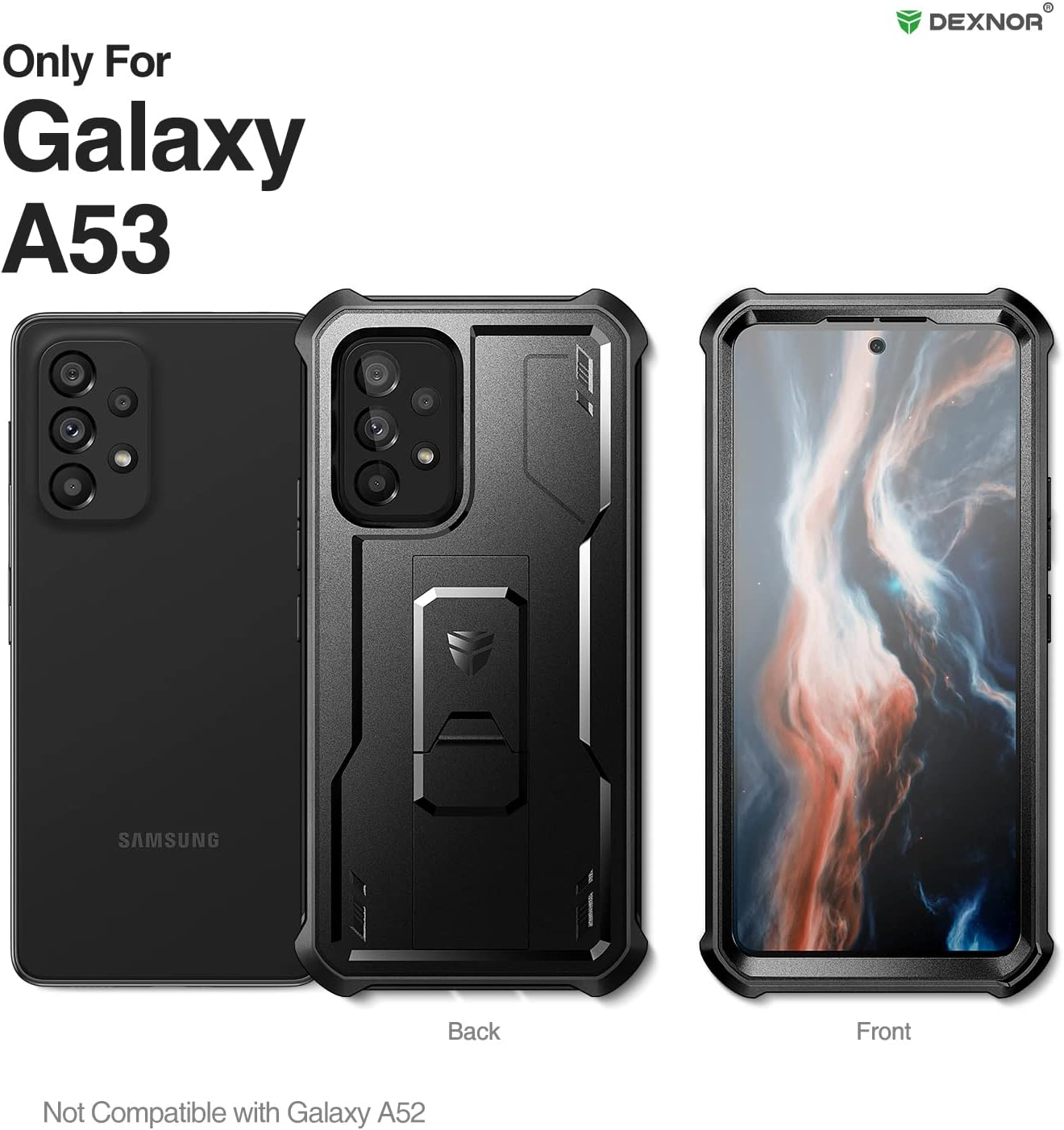 Dexnor for Samsung Galaxy A53 Case Built-In Screen Protector and Kickstand 360 Full Body Heavy Duty Military Grade Protection Shockproof Protective Cover for Samsung Galaxy A53 - Black - Black image number 3