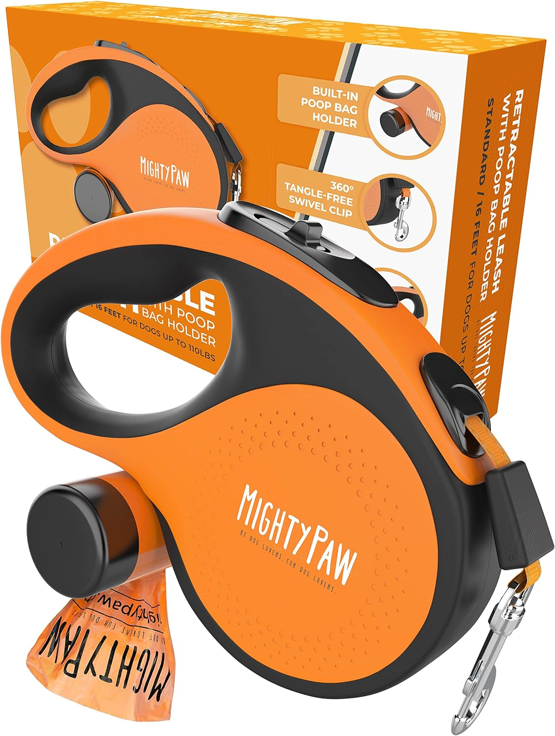 Mighty Paw Retractable Dog Leash 2.0 | 16&rsquo; Heavy Duty Reflective Nylon Tape Lead for Pets up to 110 Lbs. Tangle Free Design W/One Touch Quick-Lock Braking System & Anti-Slip Handle. (Orange/Standard)