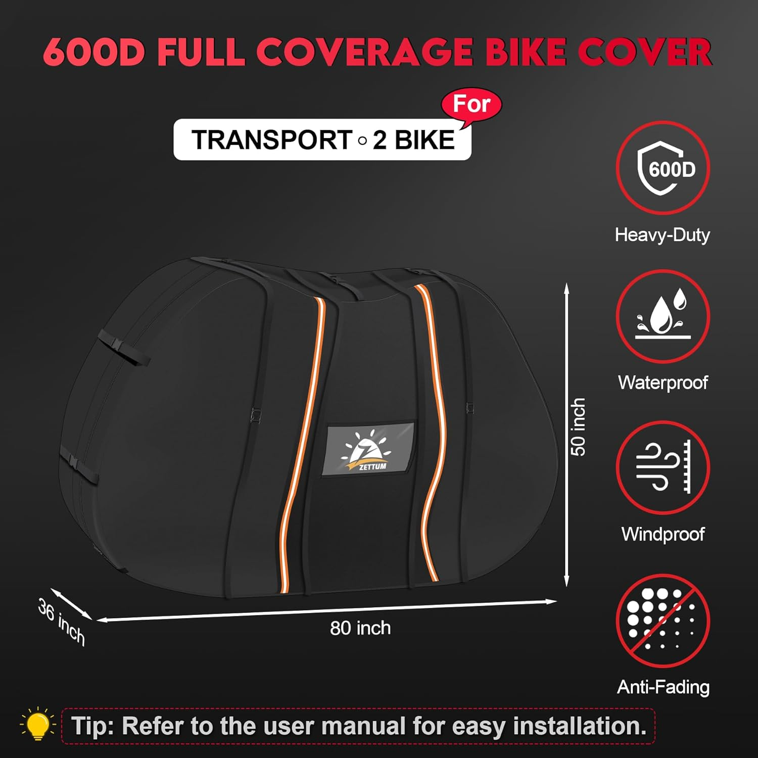 Zettum Bike Cover for Transport 2 Bike - 600D Travel Bike Covers for Bikes on Rear Bike Rack Heavy Duty & Waterproof, Outdoor Full Bicycle Rack Cover for 2 Bikes on Car Hitch Storage image number 4