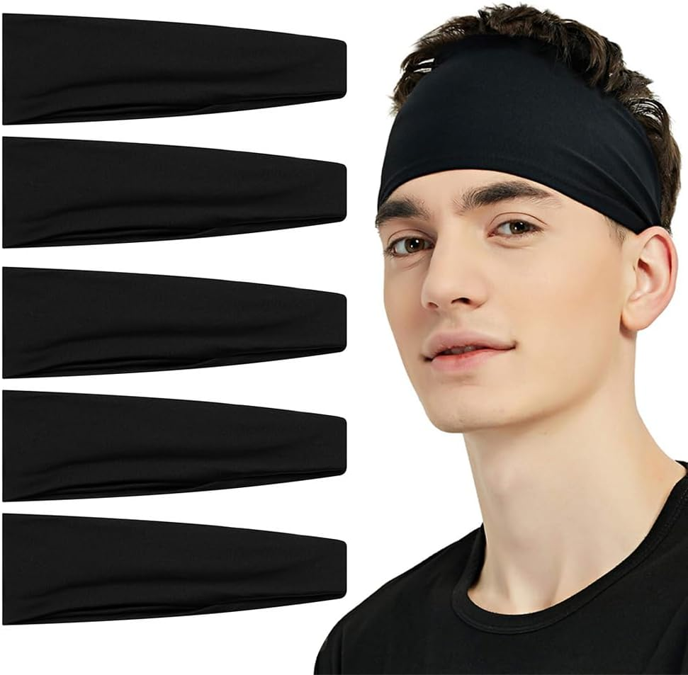 Sports Headbands for Men (5 Pack),Moisture Wicking Workout Headband, Sweatband Headbands for Running,Cycling,Football,Yoga,Hairband for Women and Men image number 4