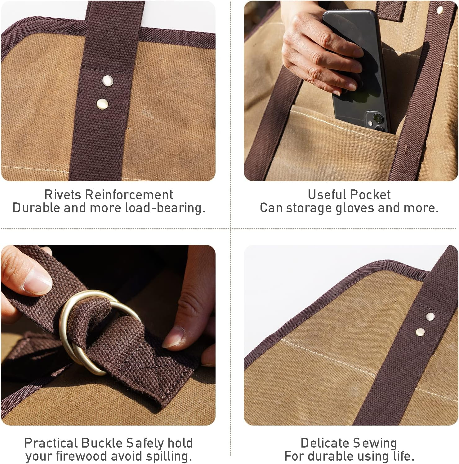 Myfireplacedirect Waxed Canvas Log Carrier Tote Bag, Extra Large Durable Firewood Holder with Handles and Shoulder Strap, Heavy Duty Wood Carrying Bag for Fireplaces & Wood Stoves - Grey image number 4