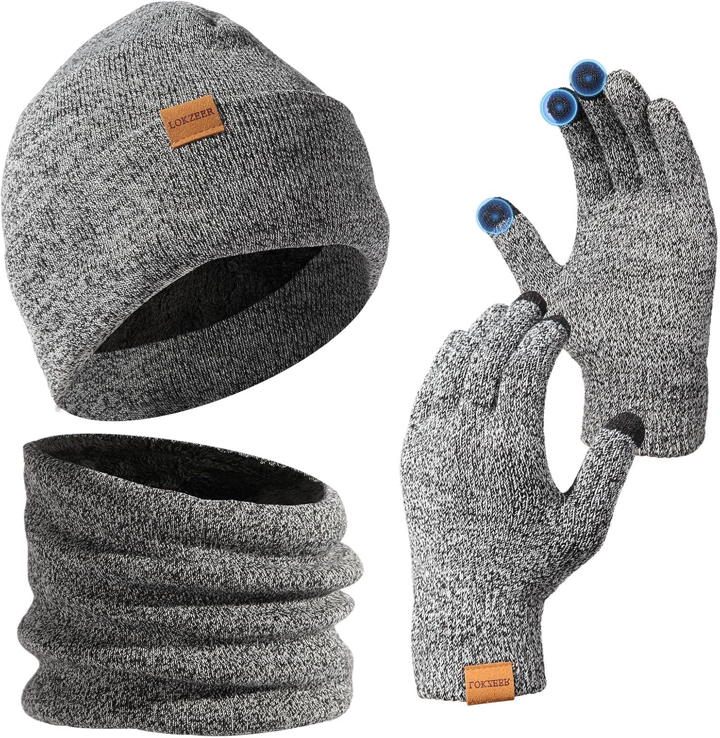 LOKZEER Winter Beanie Gloves Scarf Set: Men Women Warm Hat Scarves with Thermal Wool Lining. Knit Beanies Neck Warmer and Touchscreen Gloves 3 in 1 (One Size)