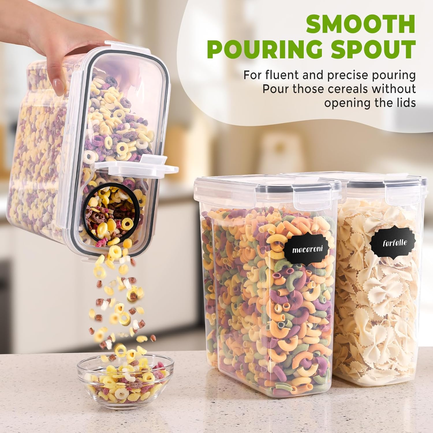 Feshory 4 Pack Cereal Containers Storage (4L/135.2Oz) - Airtight Food Storage Containers, Cereal Dispenser for Pantry & Kitchen Storage Organisation with 8 Labels and Marker (4 X 4L)