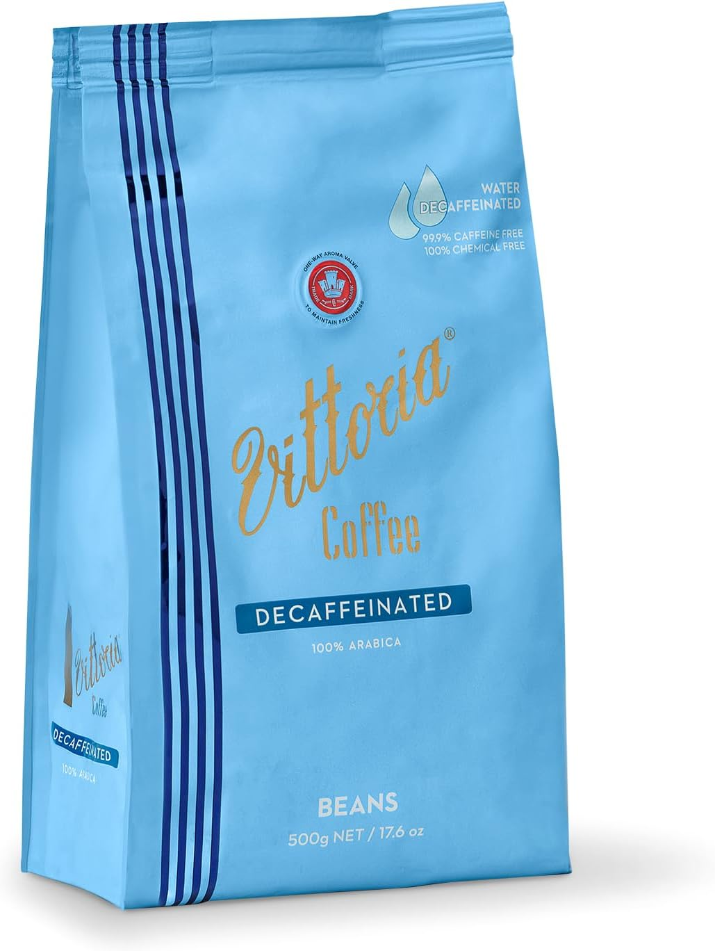 Vittoria Coffee 100% Arabica Naturally Decaffeinated Coffee Beans. 99.9% Decaf 500G. Grape-Winey Tasting Notes with Medium-Dark Roast Intensity. Chemical Free.