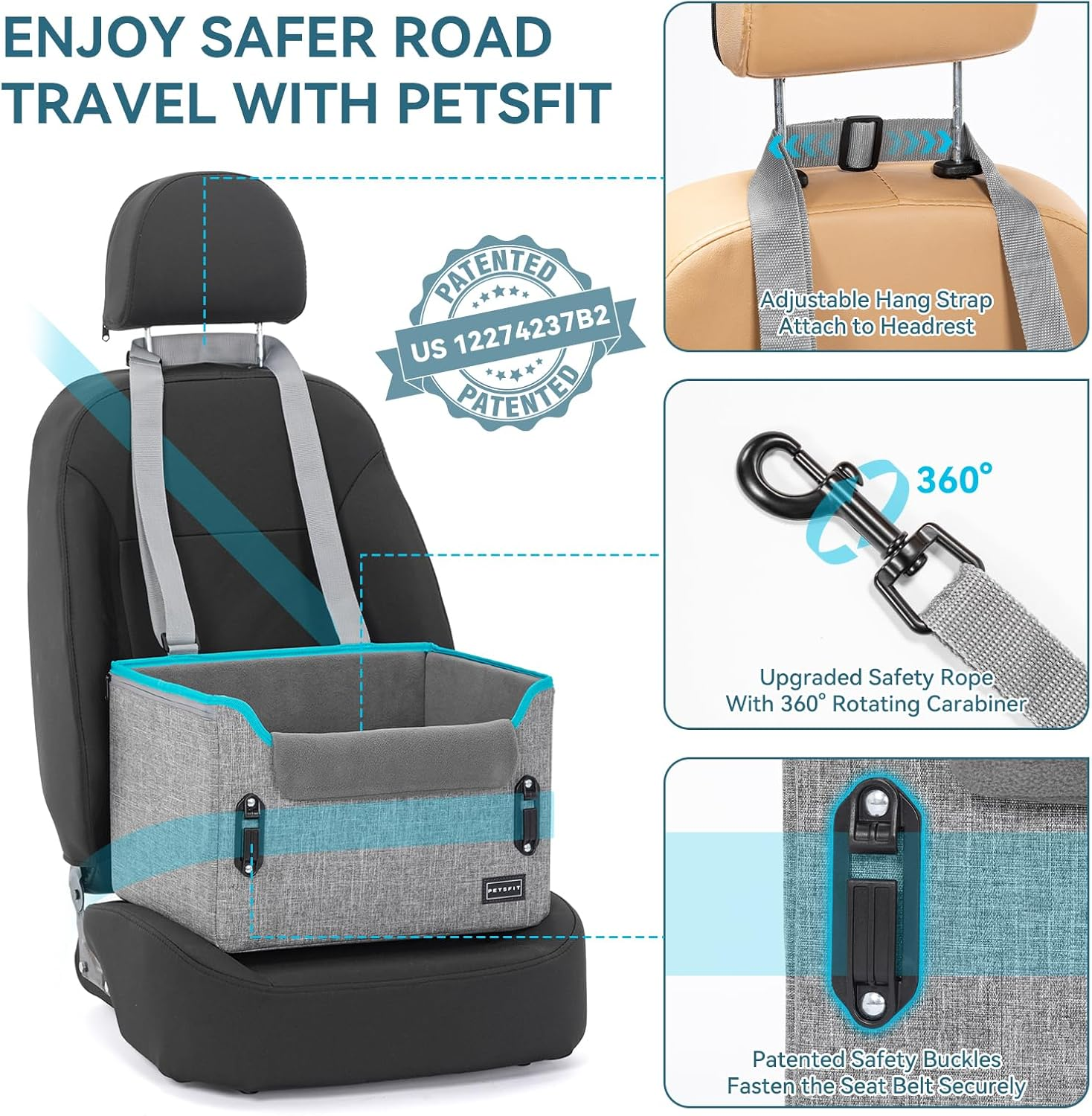 Petsfit Dog Car Seat for Small Dogs, Stable & Secure Dog Seat Car Rear Seat with Seat Belt Retaining Clip, Dog Basket Car Isofix with Washable Plush Cushion for Dogs and Cats up to 5.4 Kg