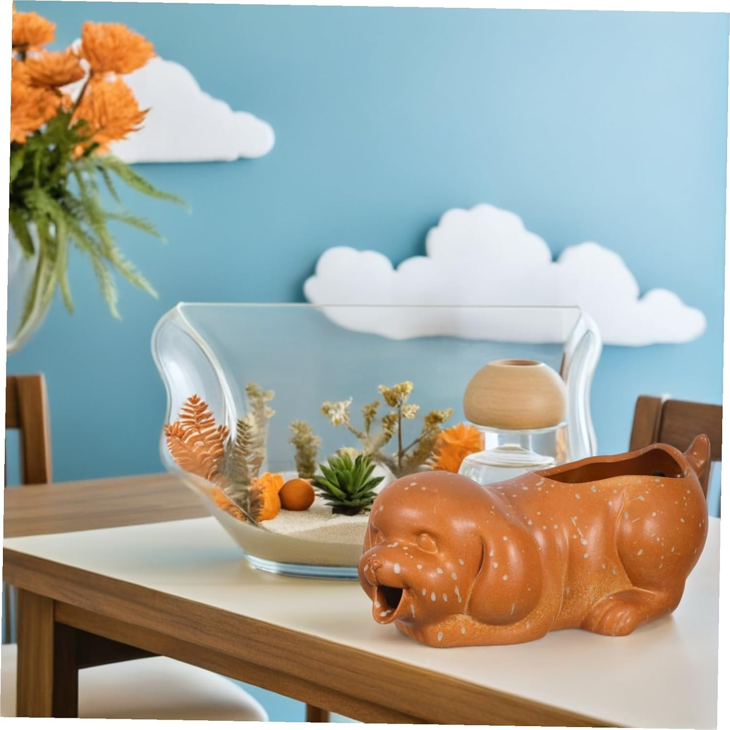 Didiseaon Ceramic Garden Fountain Spitter Dog Shape with Ecological Water Filtration for Outdoor Patio and Indoor Aquarium Decor Natural Water Purifying Ceramic Jar Planter image number 6