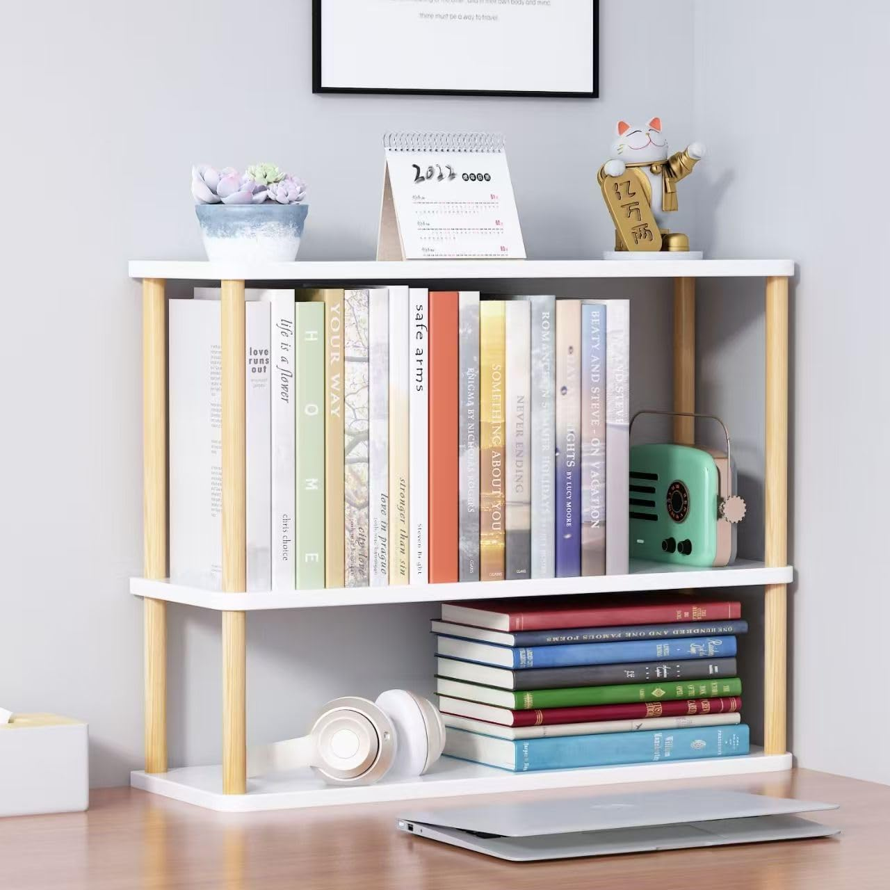 Hbluefat Desktop Organizer Shelf, 2-Tier Solid Wood Adjustable Bookshelf Storage Rack, Small Countertop Bookcase Display Shelf for Home Office (White) - White image number 2