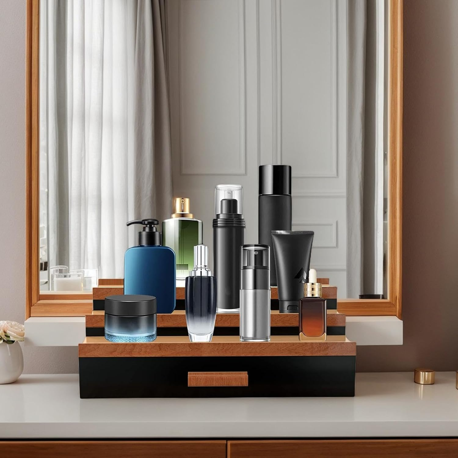 Perfume Storage Organizer | 3 Tier Perfume Shelf Tray with Secret Compartment,Storage and Organization for Bathroom and Bedroom Vanity Organizer image number 5