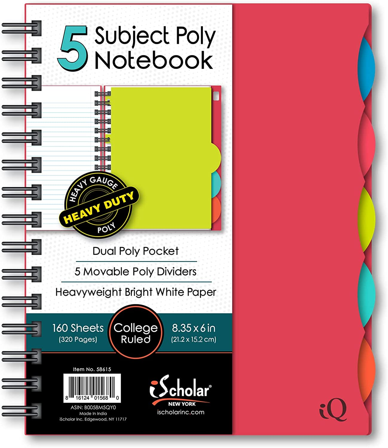 Ischolar 5 Subject Poly Cover Double Wire Notebook, 8.35 X 6 Inches, Cover Color May Vary (58615) 160 Sheets, Assorted image number 1