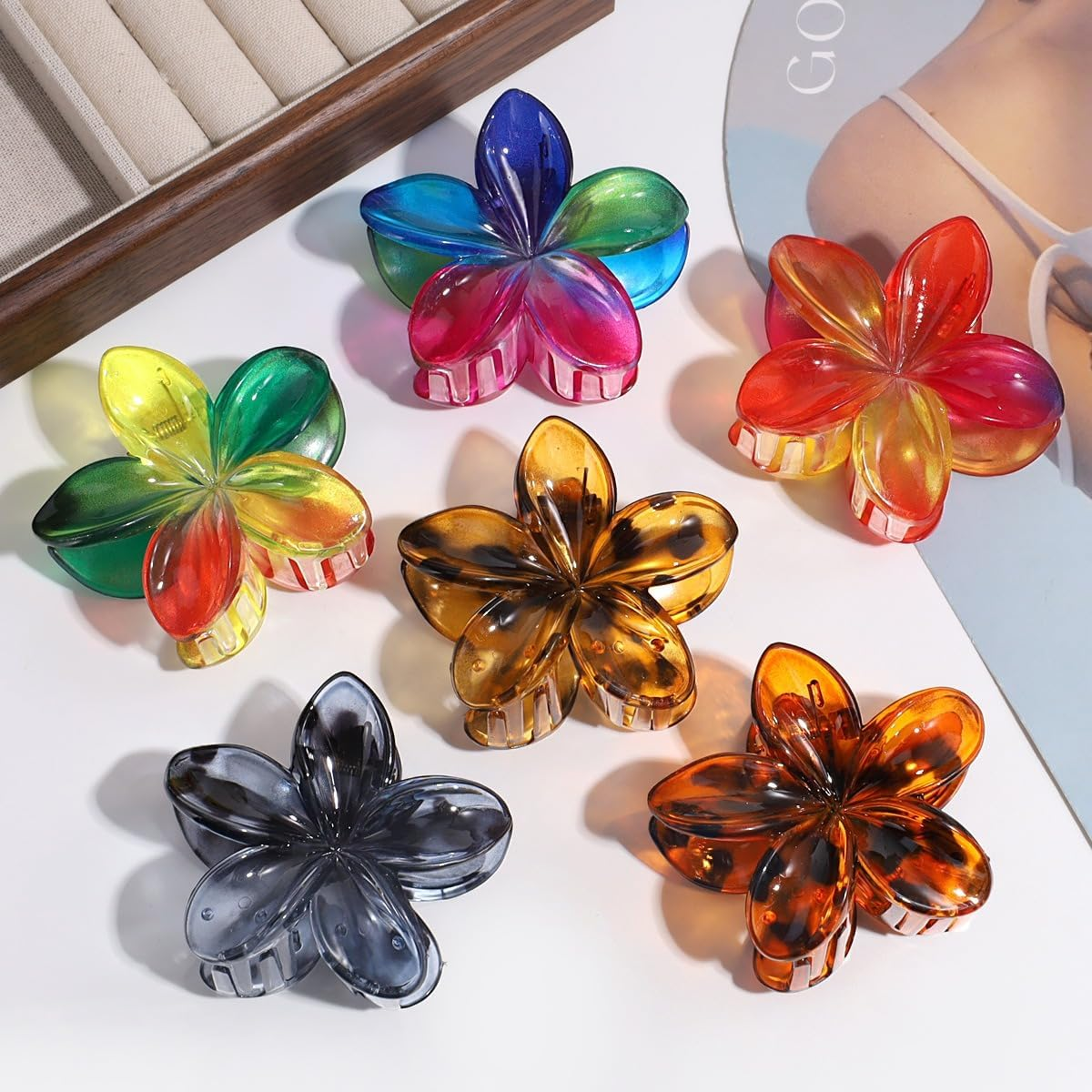 Blausky Pack of 6 Flower Hair Clips, Plumeria Flowers Hair Clips, Flower Hair Clip, Hawaiian Hair Accessories, Colourful Flower Hair Clip, Non-Slip, Cute Acrylic Hair Clips for Women, Leopard Brown image number 6