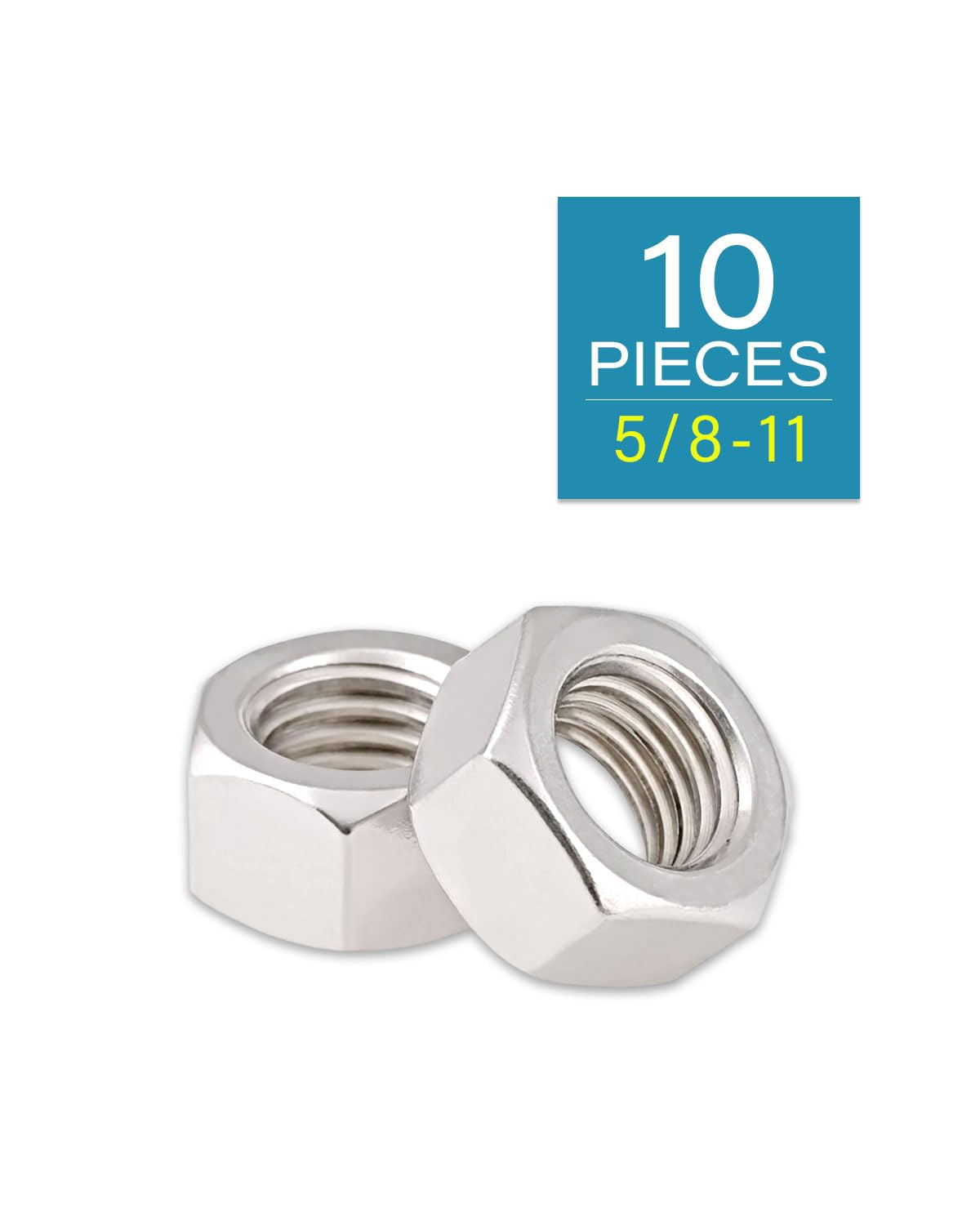 5/8-11 Hex Nuts - Imscrews 304 Stainless Steel Hardware Hex Nuts - Durable and Rust-Resistant Fasteners for Home Repairs and Professional Projects Pack of 10 image number 1