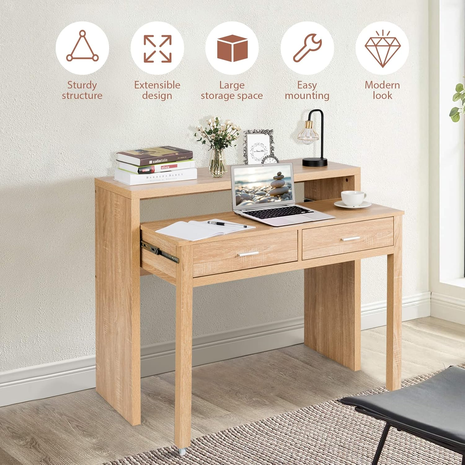 Giantex Extending Writing Desk, Wood Pull Out Computer Desk with Top Shelf & 2 Drawers, Simple Modern Style Home Office Workstation for Small Space, Easy Assembly image number 2