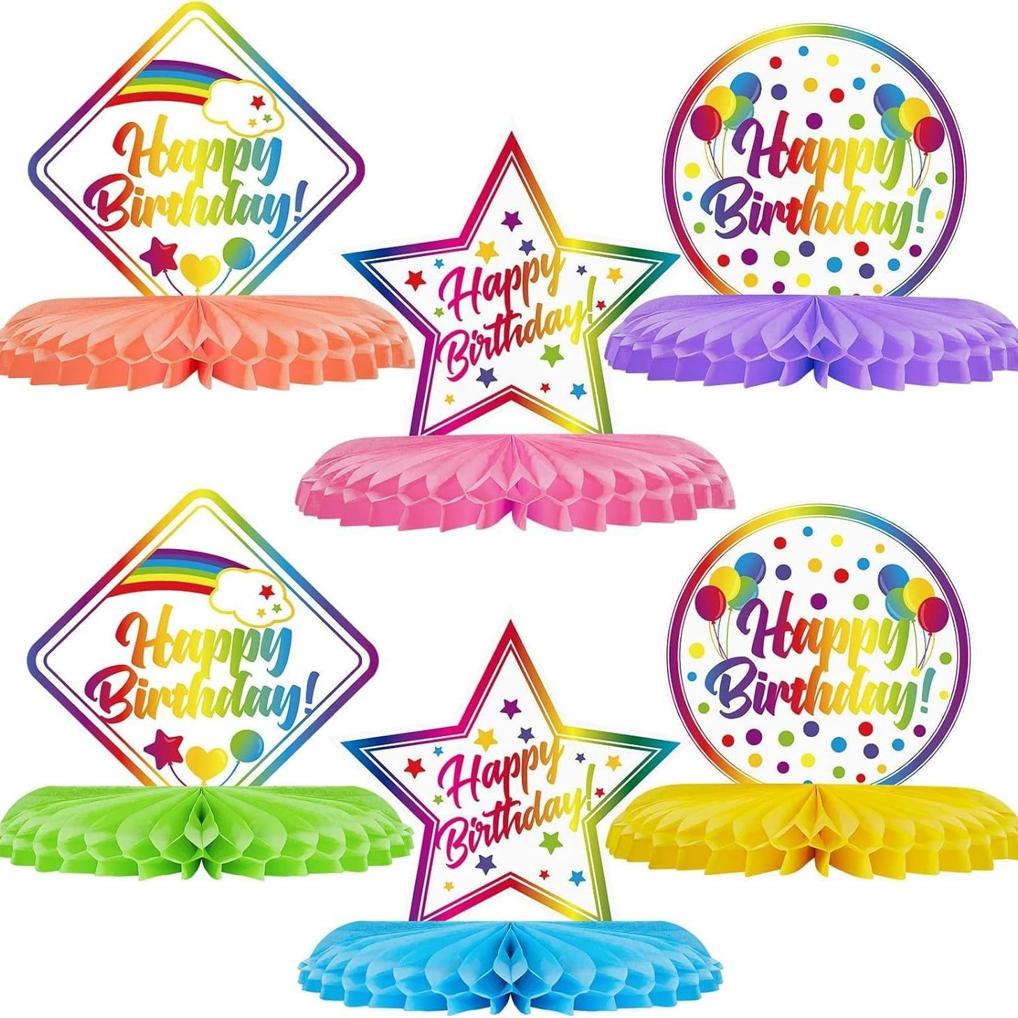 Happy Birthday Honeycomb Table Decorations, Rainbow Colours, Party Centrepieces, 6 Pieces image number 1