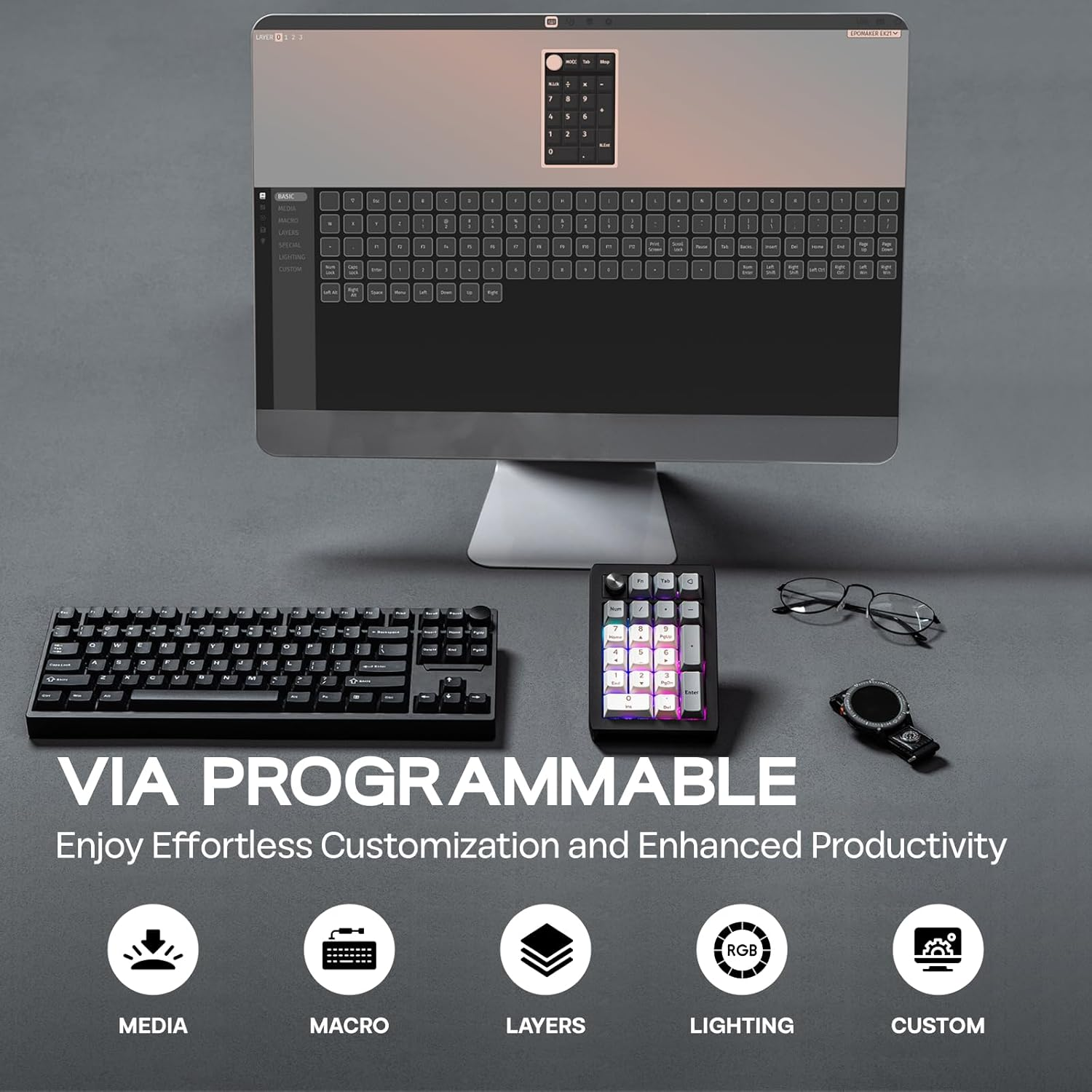 EPOMAKER EK21 via Gasket Number Pad with 1000Mah Battery, BT 5.0/2.4Ghz/Wired Hot-Swap Numpad with Aluminum Alloy Knob, Programmable for Win/Mac/Gaming (Black Silver, Wisteria V2 Switch) image number 6