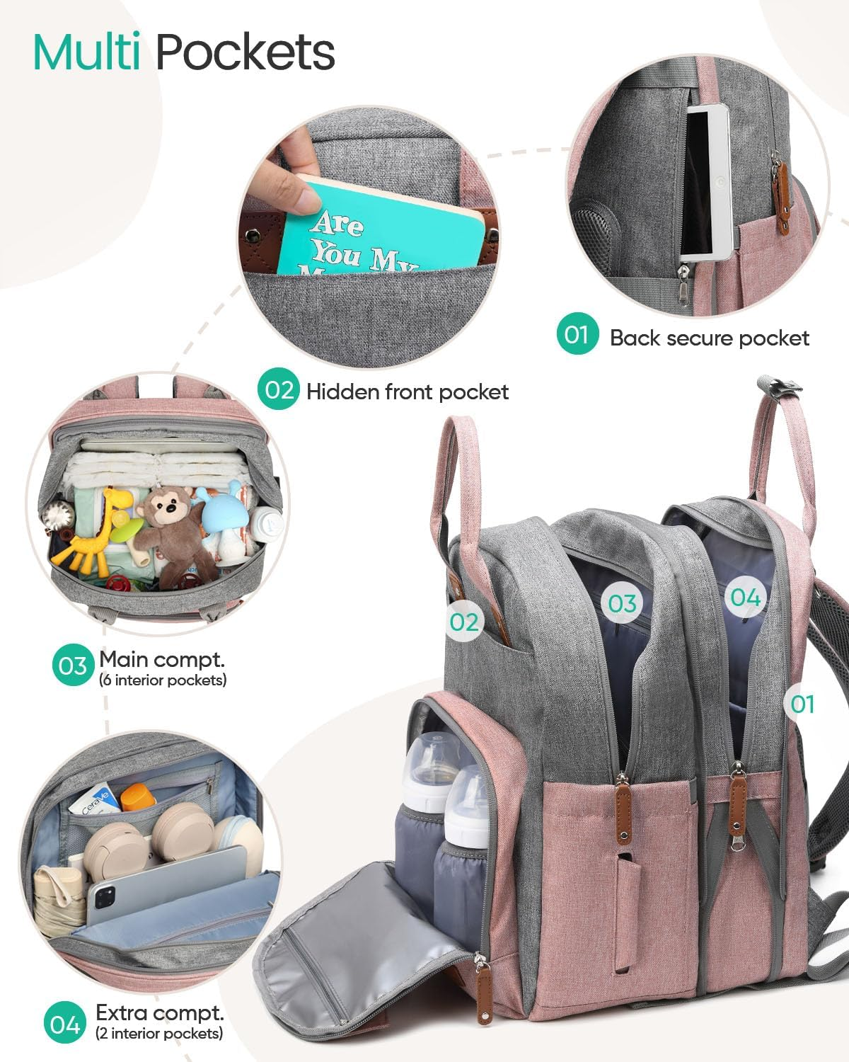 Extra Large Diaper Bag Backpack for Two Kids, Expandable 35L Baby Bags for Mom Girl Boy Dad Toddler - Large, Khaki image number 4