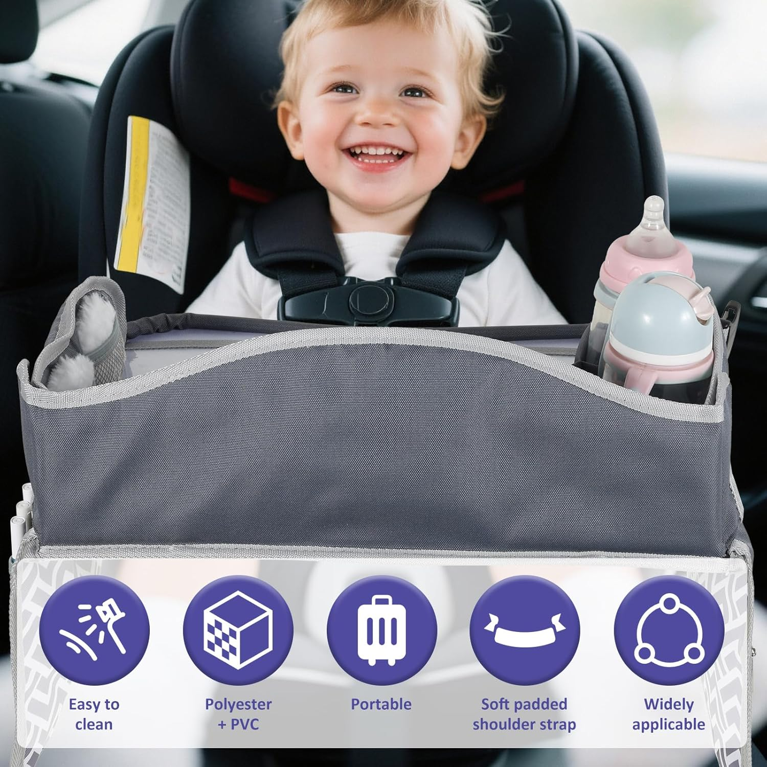 Kids Travel Tray for Toddler Car Seat, Enduring Car Seat Tray, Easy to Install Seat Table Tray with Adjustable Strap for Road Trip Activities image number 4